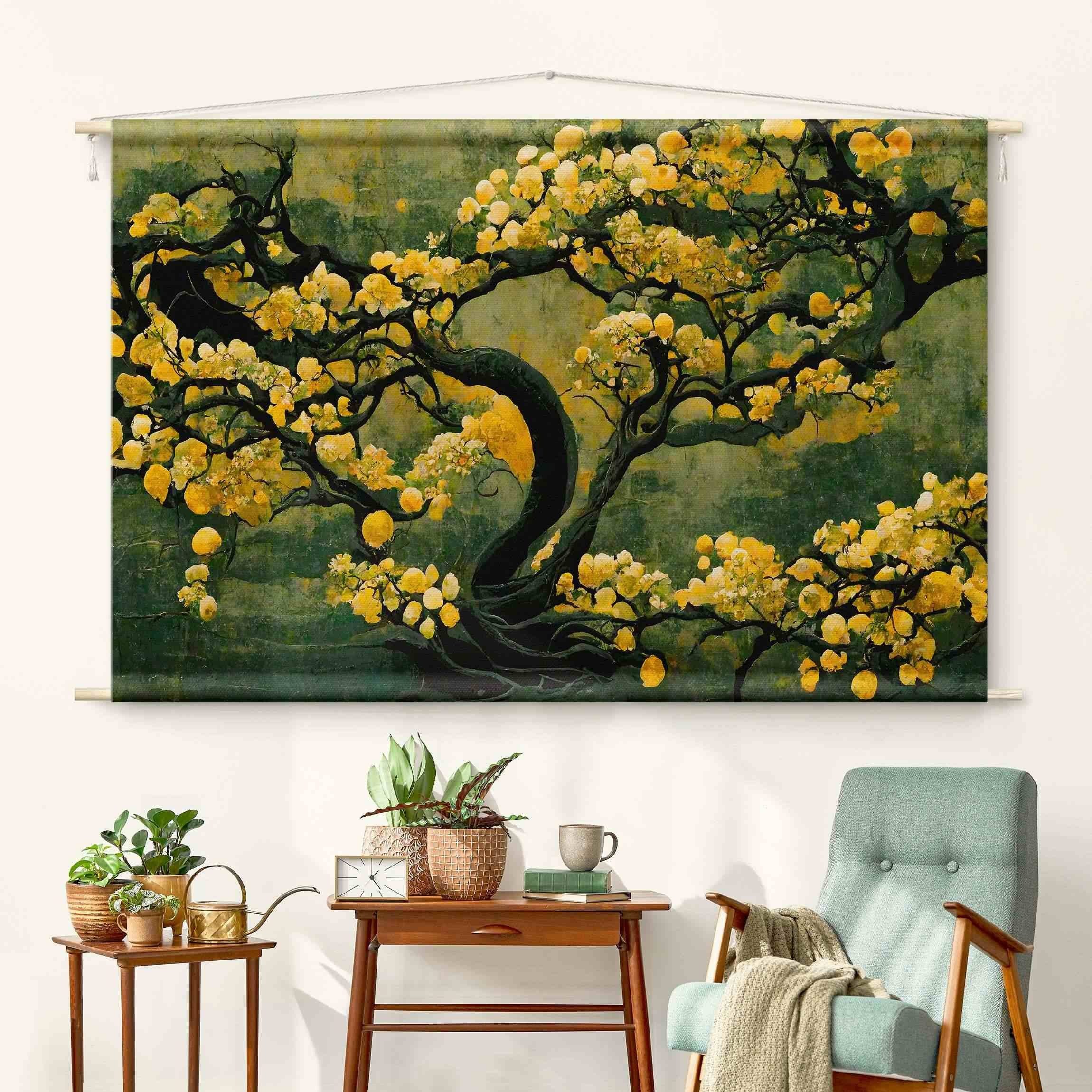 Bilderdepot24 Wandteppich modern Wald Abstrakt Wald grün, rechteckig, Höhe: 2.6 mm, großes Wandbild aus Natur-Baumwolle Wandbehang Stoffbild Tuch Wollseil