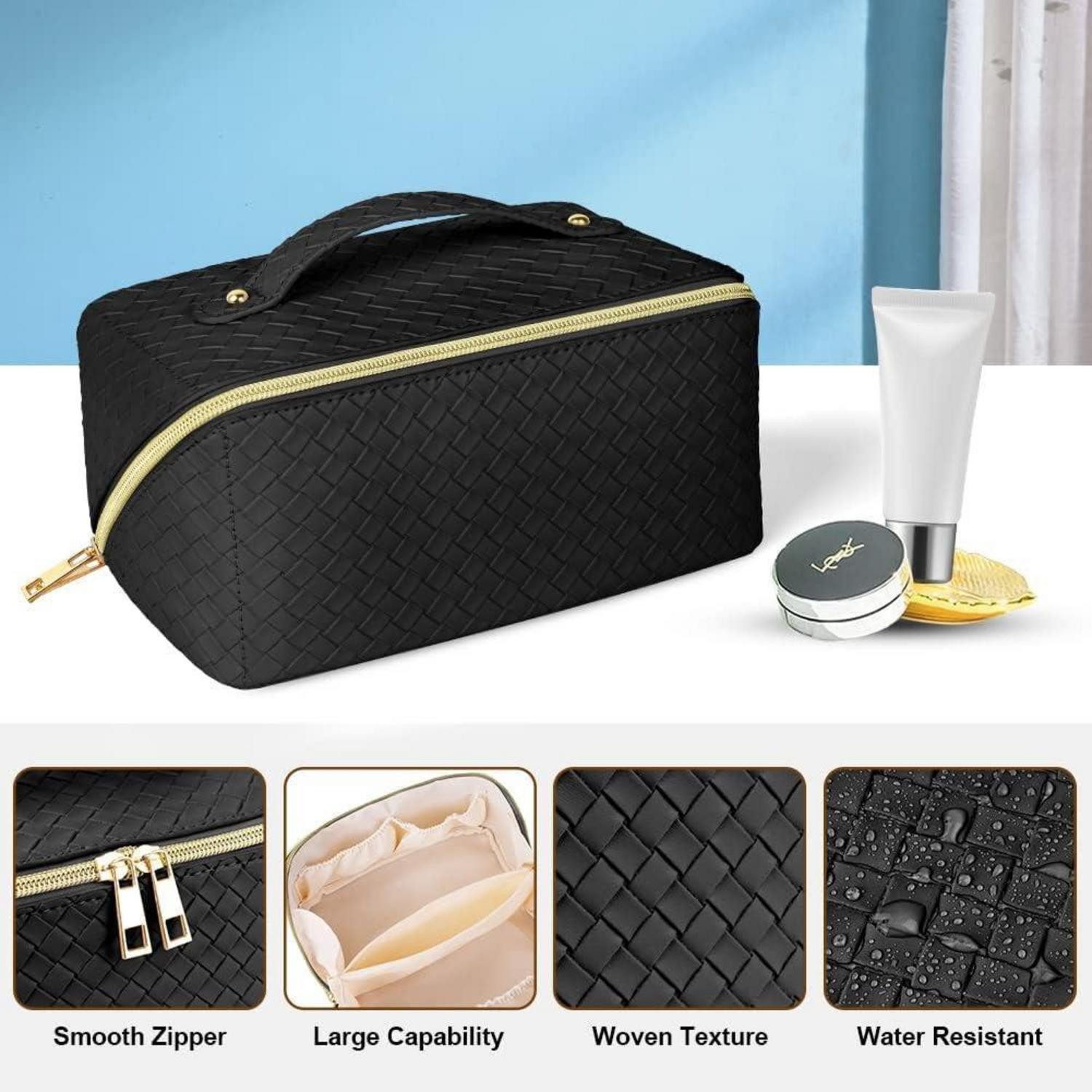 LuxusKollektion Kosmetiktasche Reise Kosmetiktasche PU Leder Make-up Tasche Große Kapazität Schwarz