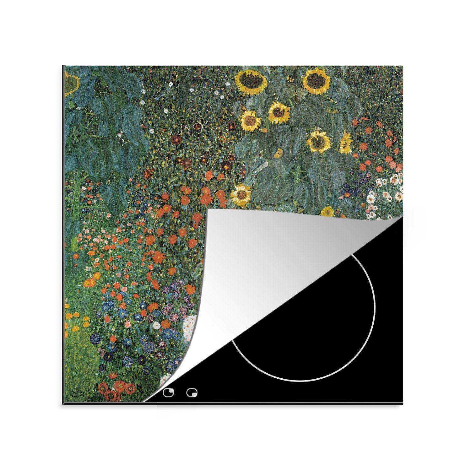 MuchoWow Herdblende-/Abdeckplatte Bauerngarten mit Sonnenblumen - Gustav Klimt Gemälde, Vinyl, (1 tlg), 78x78 cm, Ceranfeldabdeckung, Arbeitsplatte für küche