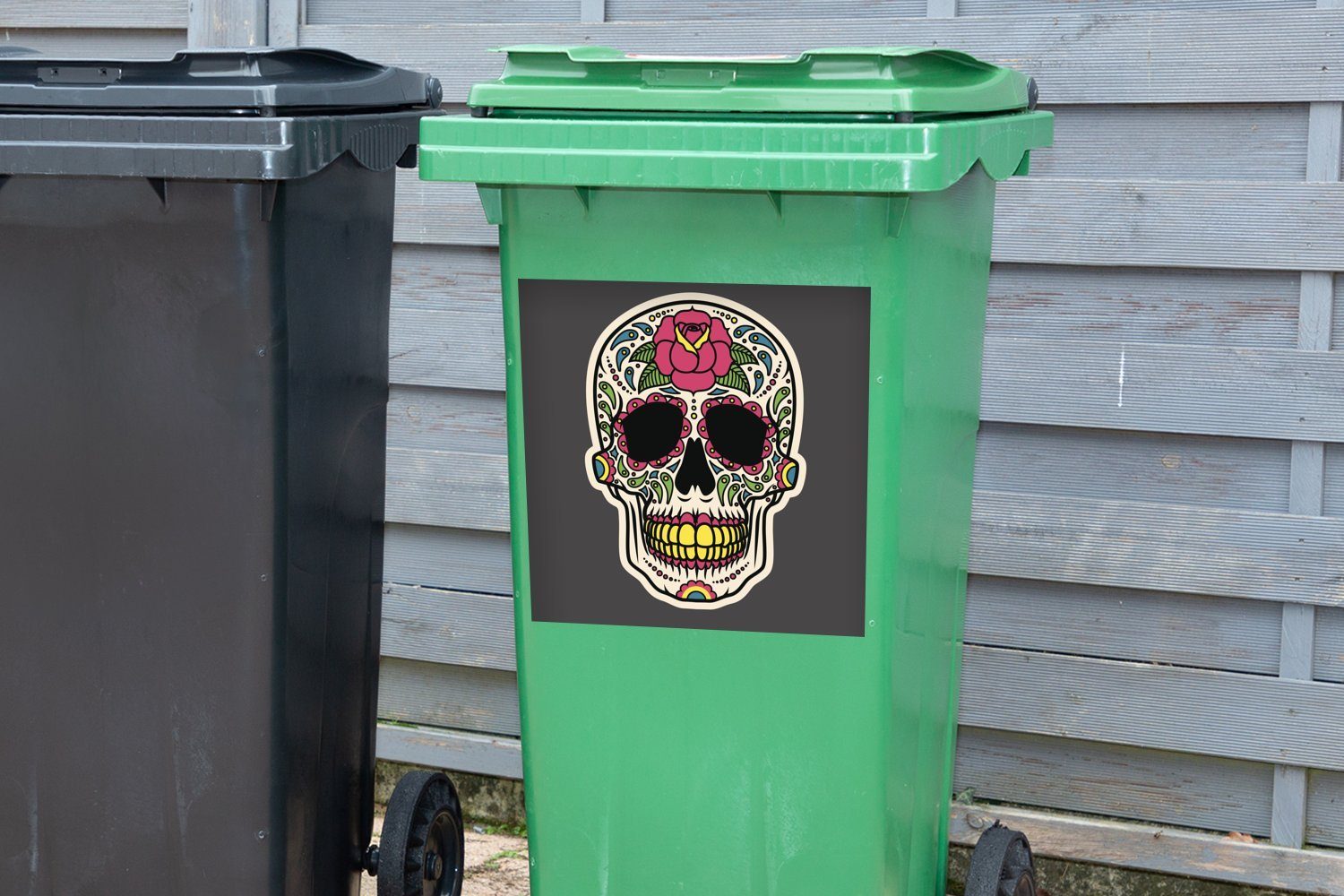 eines Mülltonne, Wandsticker Sticker, Eine Mülleimer-aufkleber, Container, Abfalbehälter Illustration Dias Muertos-Schädels (1 bunte Los St), MuchoWow De