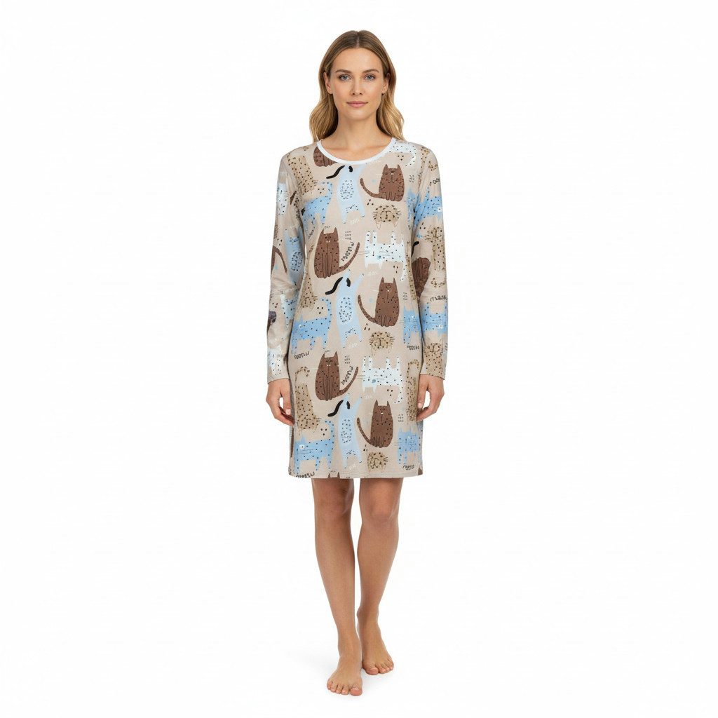 Ringella Nachthemd Langarm Sleepshirt mit Katzen-Dessin (1-tlg) Reine Baumwolle in Single Jersey-Qualität