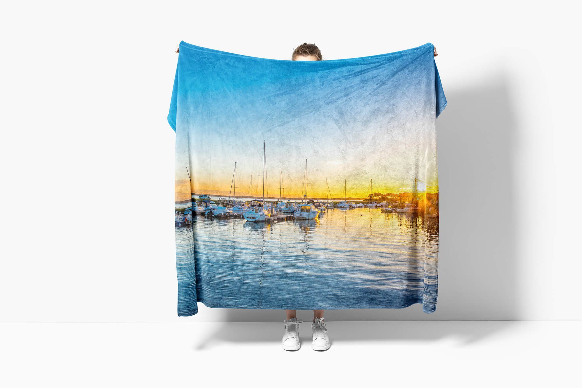 Handtuch Baumwolle-Polyester-Mix Hafen Saunatuch Fotomotiv mit Kuscheldecke Handtuch Mittelemeer, Handtücher Sinus (1-St), Strandhandtuch Art