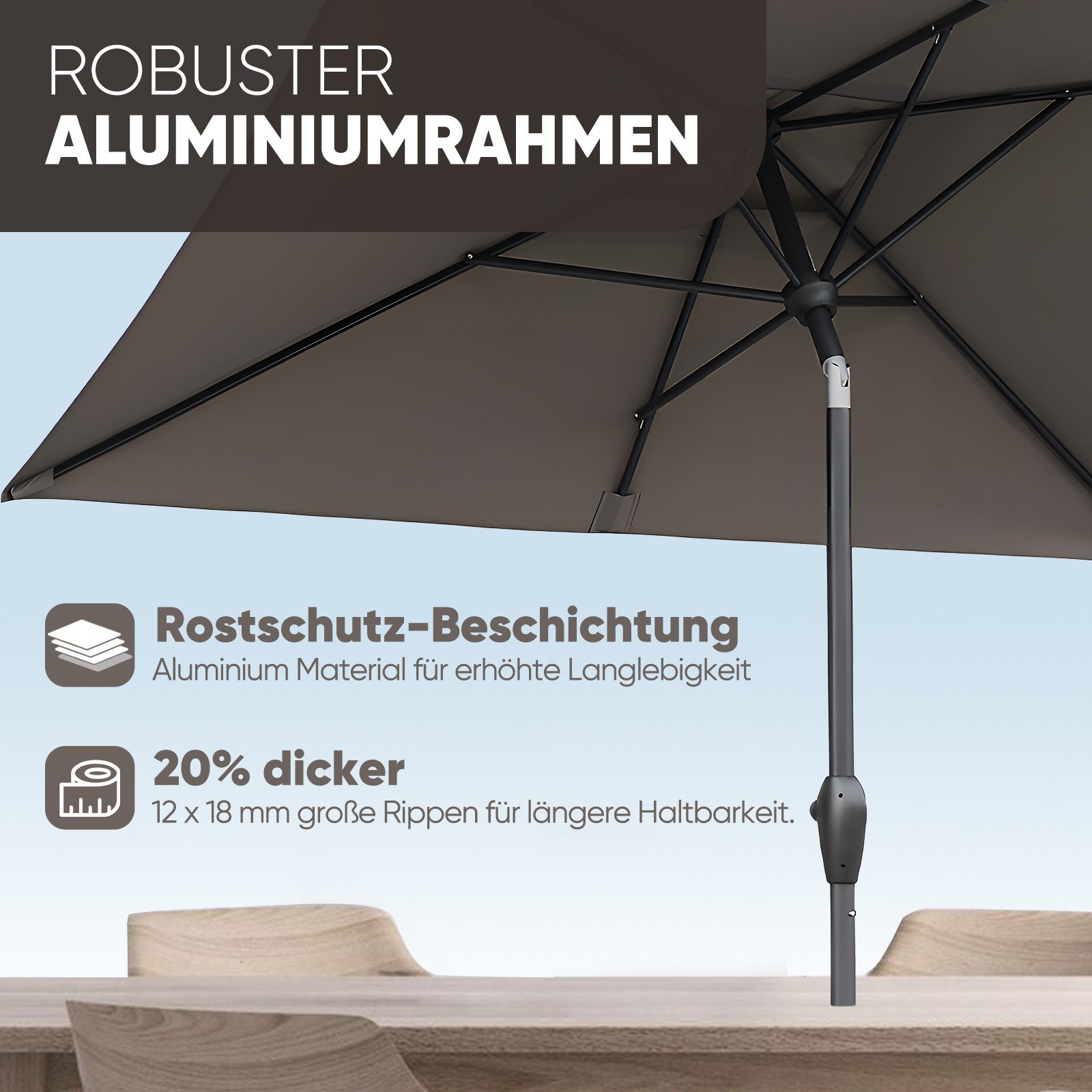 Sekey Sonnenschirm 210 x 140 cm Aluminum Sonnenschirm Rechteckig Marktschirm mit Kurbel, LxB: 210,00x140,00 cm, mit/ohne LED-Lichtern, Sonnenschutz UV50+, Garte – Bild 3 von 5