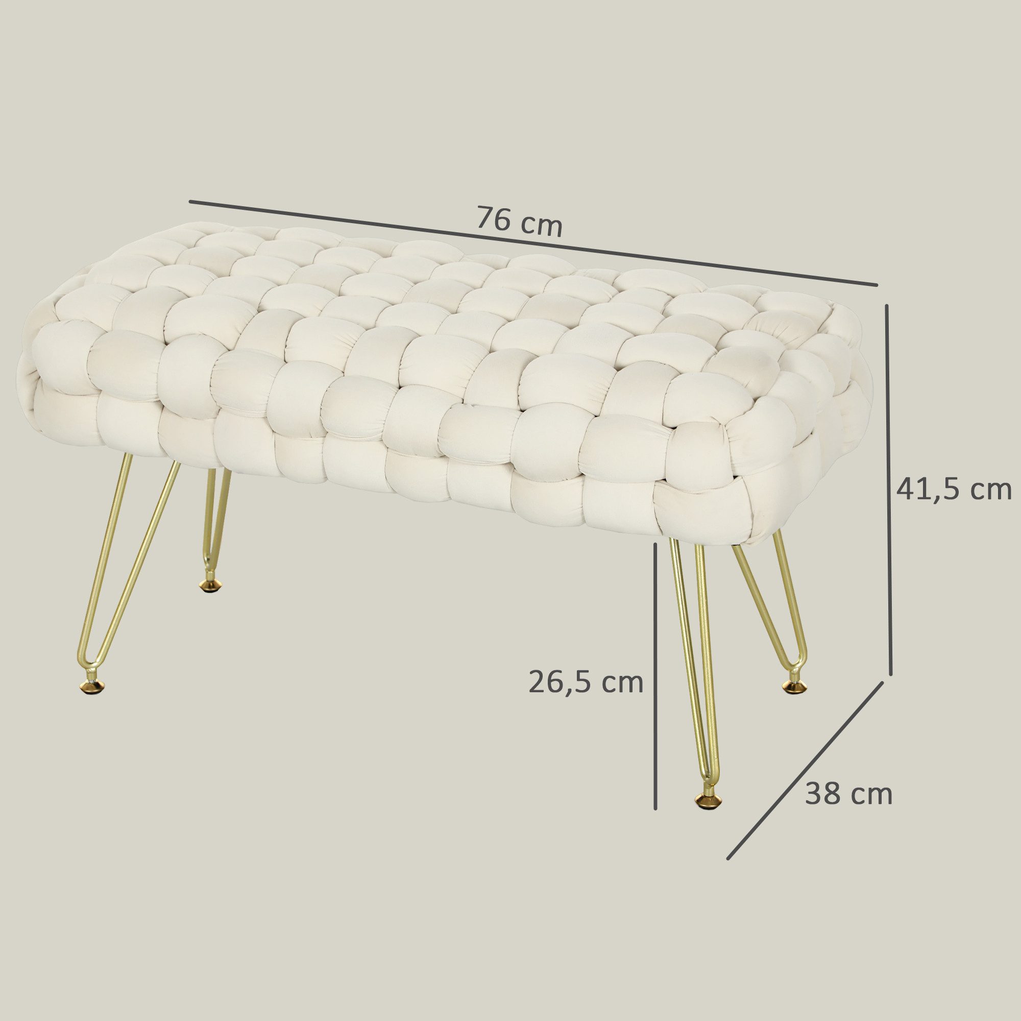 MC Star Polsterbank Sitzhocker, mit Samtoptik, Fußbank mit gepolstertem Sitz, Metallbeine (Fußstütze, für Wohnzimmer, Schlafzimmer, 76 x 38 x 41,5 cm, Cremeweiß)