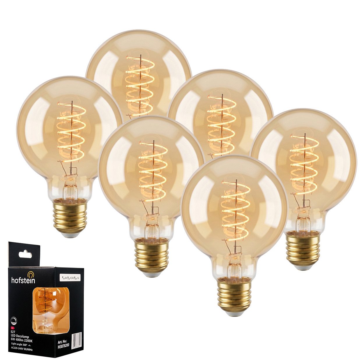hofstein LED-Leuchtmittel 6er Set Glühbirne Extra Warmweiß dimmbar 6 Watt, E27, 2200 Kelvin, 400 Lumen, Globe Vintage, Filament Spirale, Amber