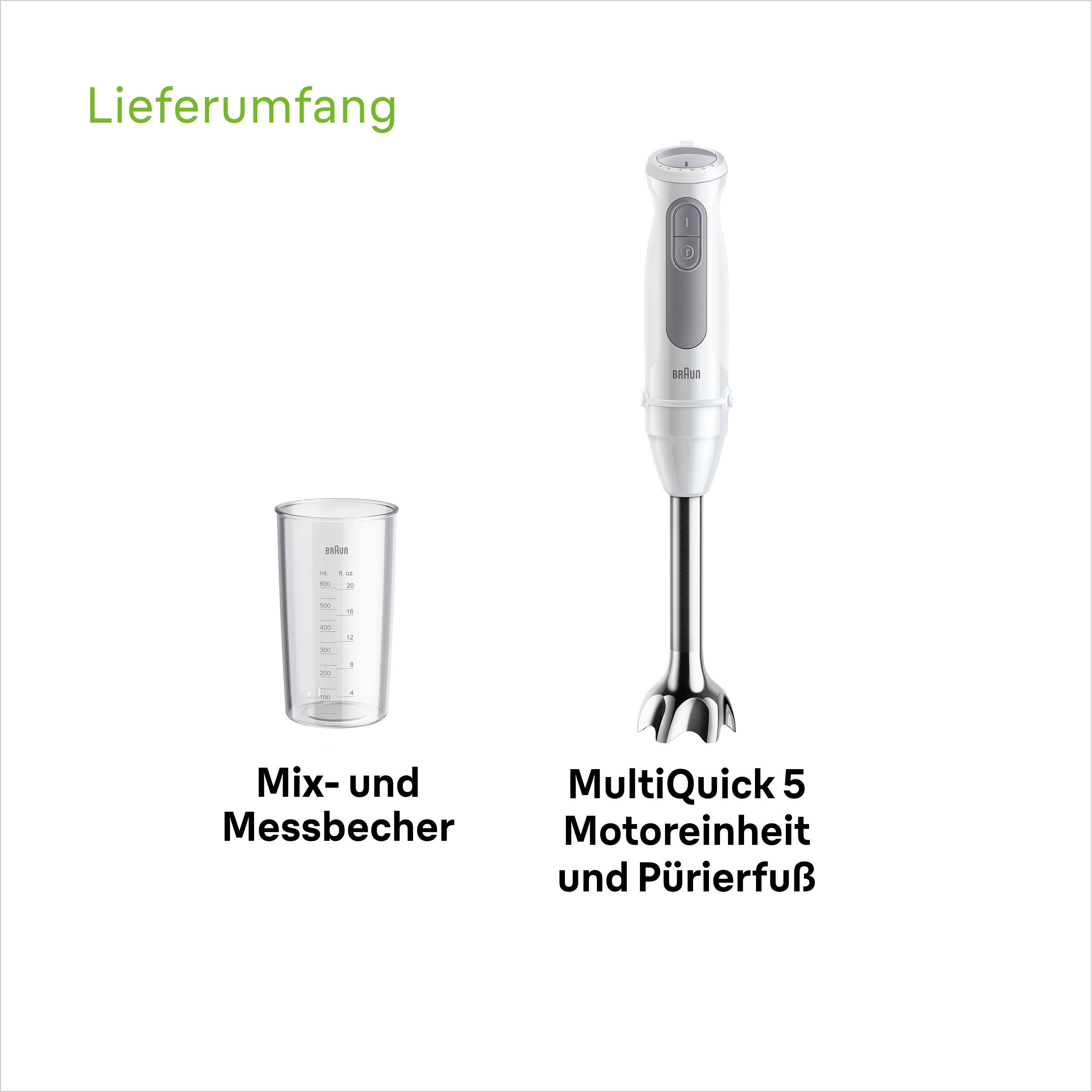 Braun Stabmixer MultiQuick 5 MQ 50001 M - 1000 W, 21 Geschwindigkeiten, Spritzschutz, 1000 W, Extra Mahlklinge, Pürierstab, Mixer, Zubehör spülmaschinenfest