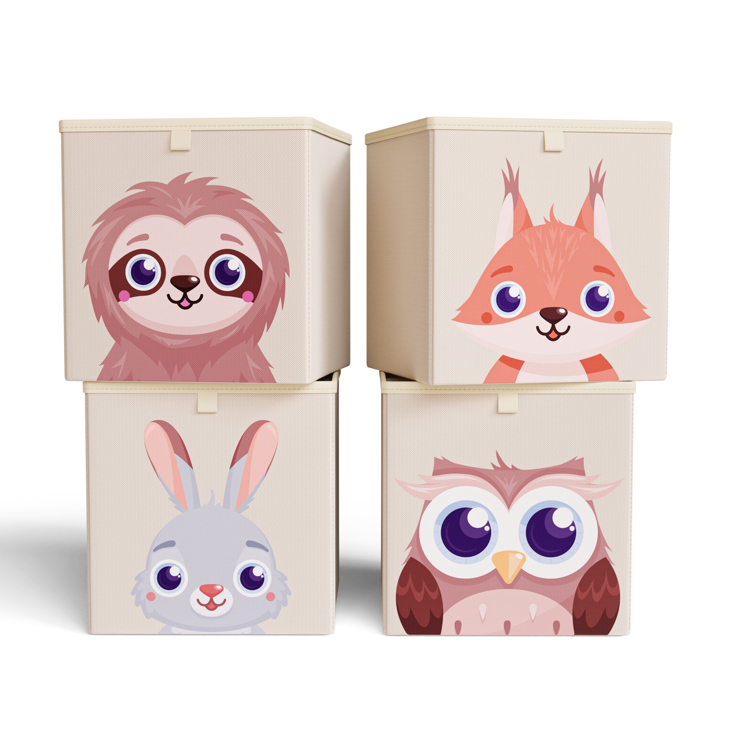 mookrook Aufbewahrungsbox Kinder (4-er Set Waldtiere, 4 Aufbewahrungsboxen mit Ziehschlaufen), niedliche Spielzeugbox, ideal für Kallaxregale