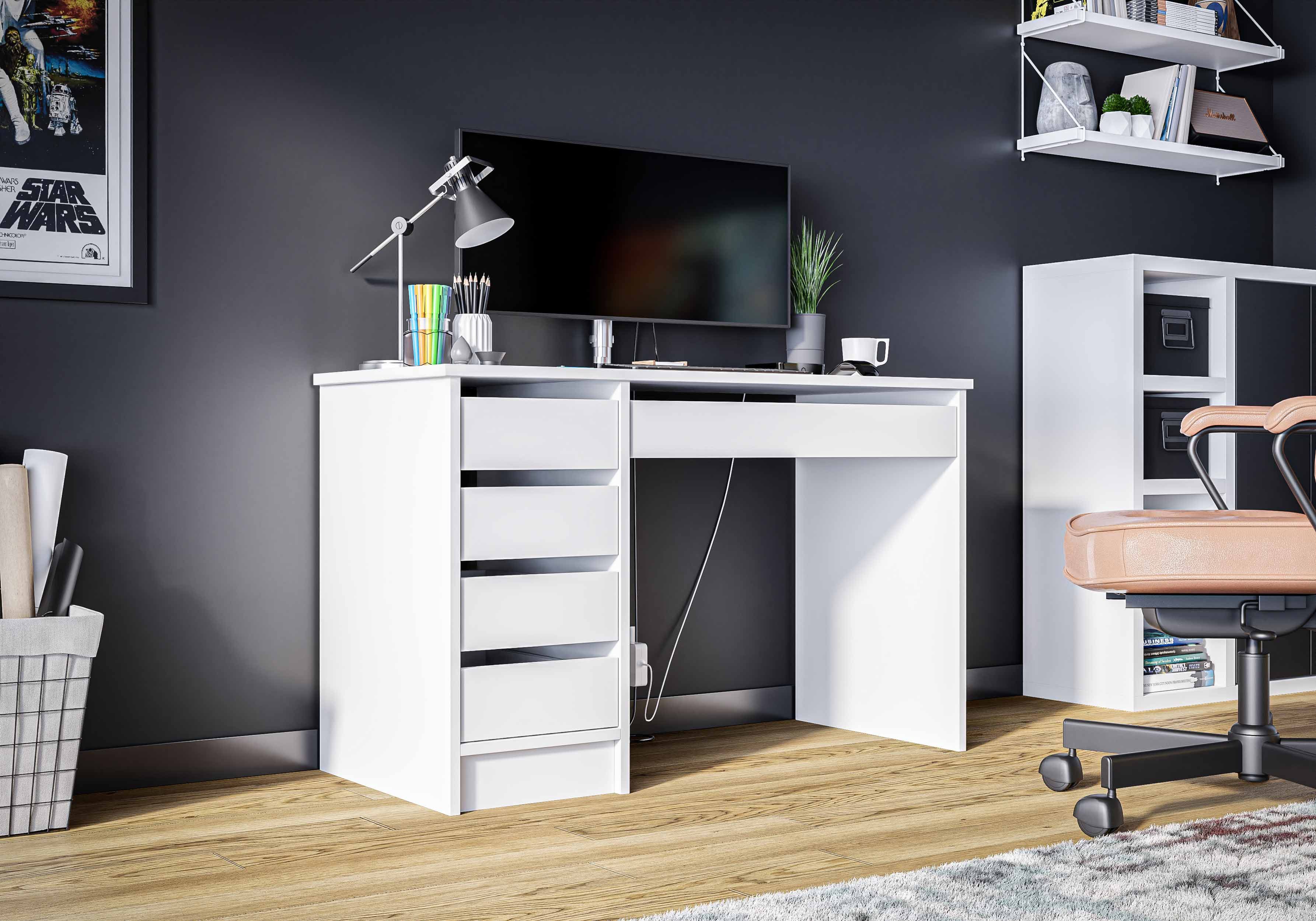 Furnix Schreibtisch Oficello Neu moderner Arbeitsplatz mit 5 Schubladen Weiß matt, Maße BxHxT 120x75x55 cm, pflegeleichte Oberflächen