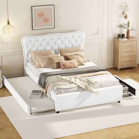 Ulife Polsterbett Doppelbett mit Rollbett und zwei Schubladen, 140*200 cm (90*190 cm), PU, ausziehbares Bett