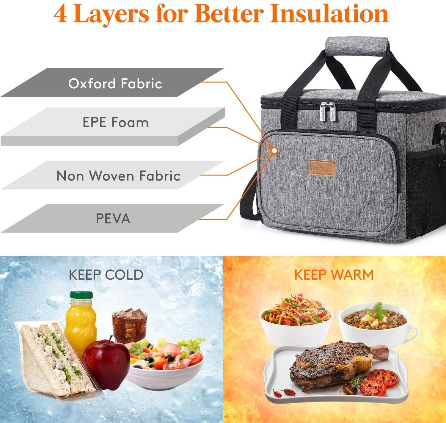 cofi1453 Thermobehälter Kühltasche Lunch Lebensmitteltransport Bag für Thermotasche Picknicktasche 25L Isoliertasche Grau Kühltasche