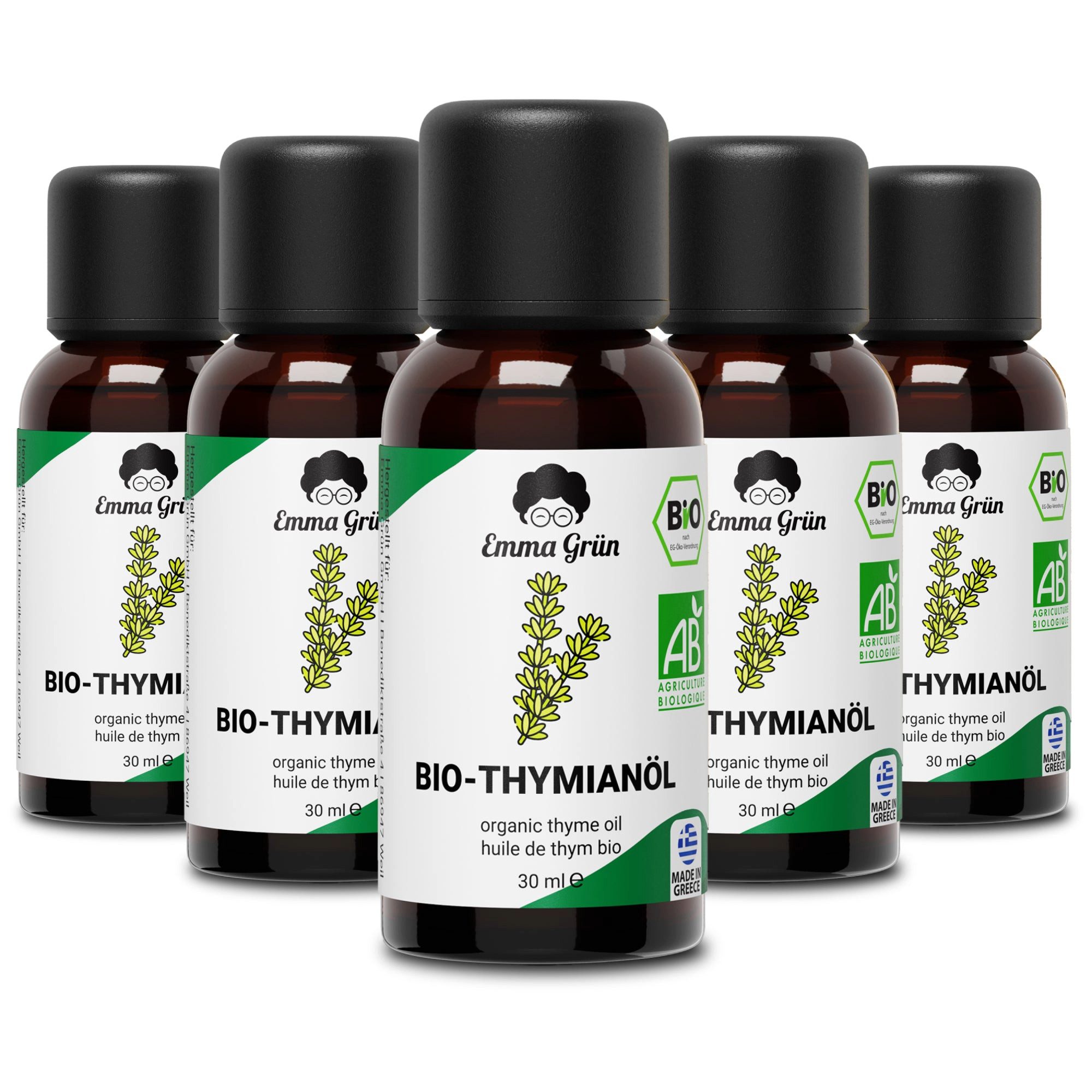Emma Grün Duftöl Bio Thymian, ätherisch, naturrein & hochdosiert (Set, Je nach Auswahl: 1x, 2x oder 5x Bio Thymianöl 30 ml), Höchste Bio-Zertifizierung als Lebensmittel, naturrein & ohne Zusätze