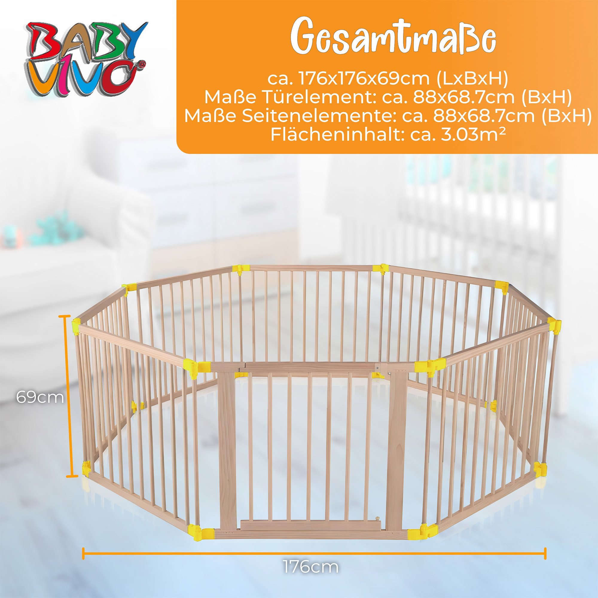 Baby Vivo Laufgitter aus Holz individuell verstellbar - PREMIUM in Gelb günstig online kaufen