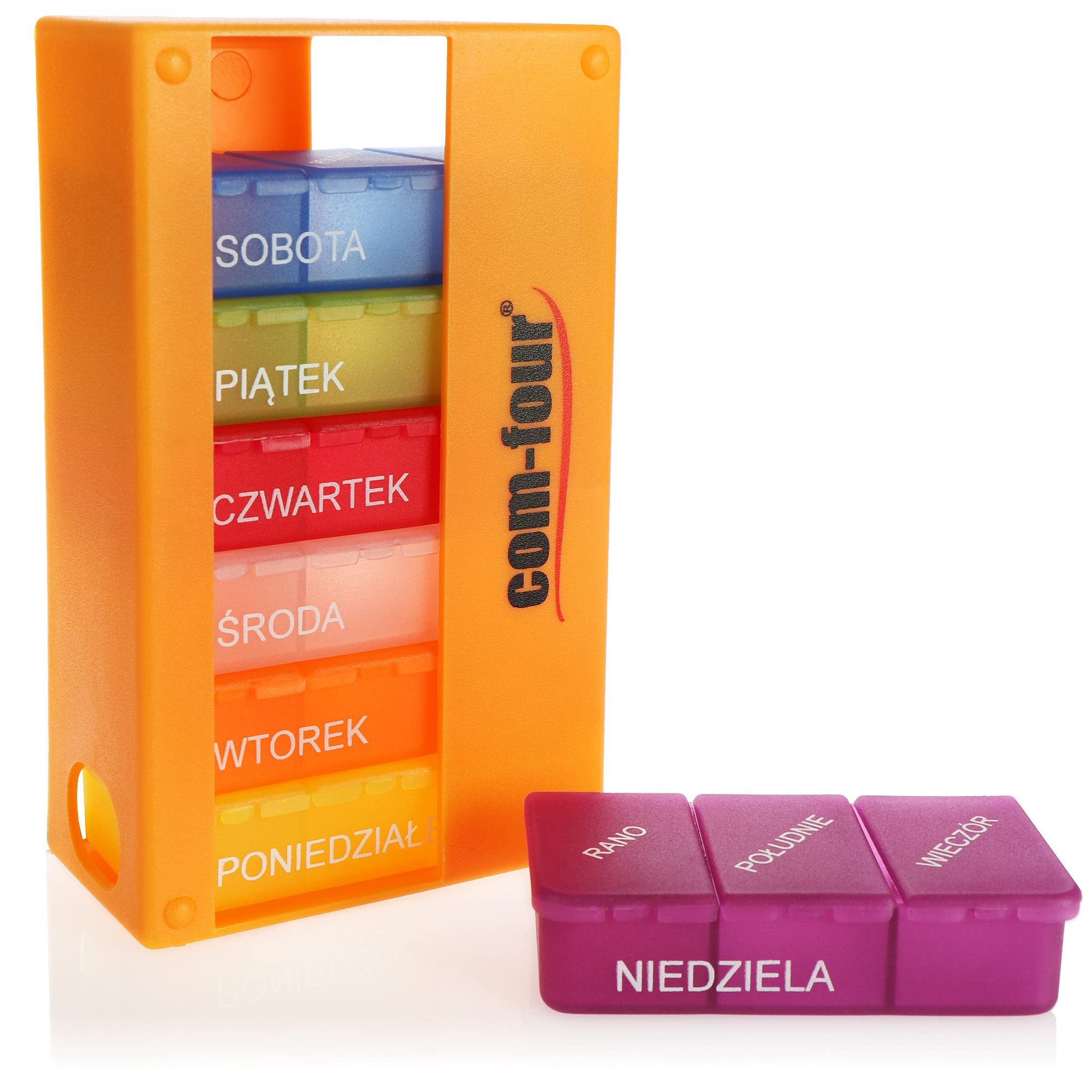 com-four Pillendose Medikamentendosierer auf POLNISCH, Medikamenten-Box für 7 Tage - je 3 Fächer - Pillendose