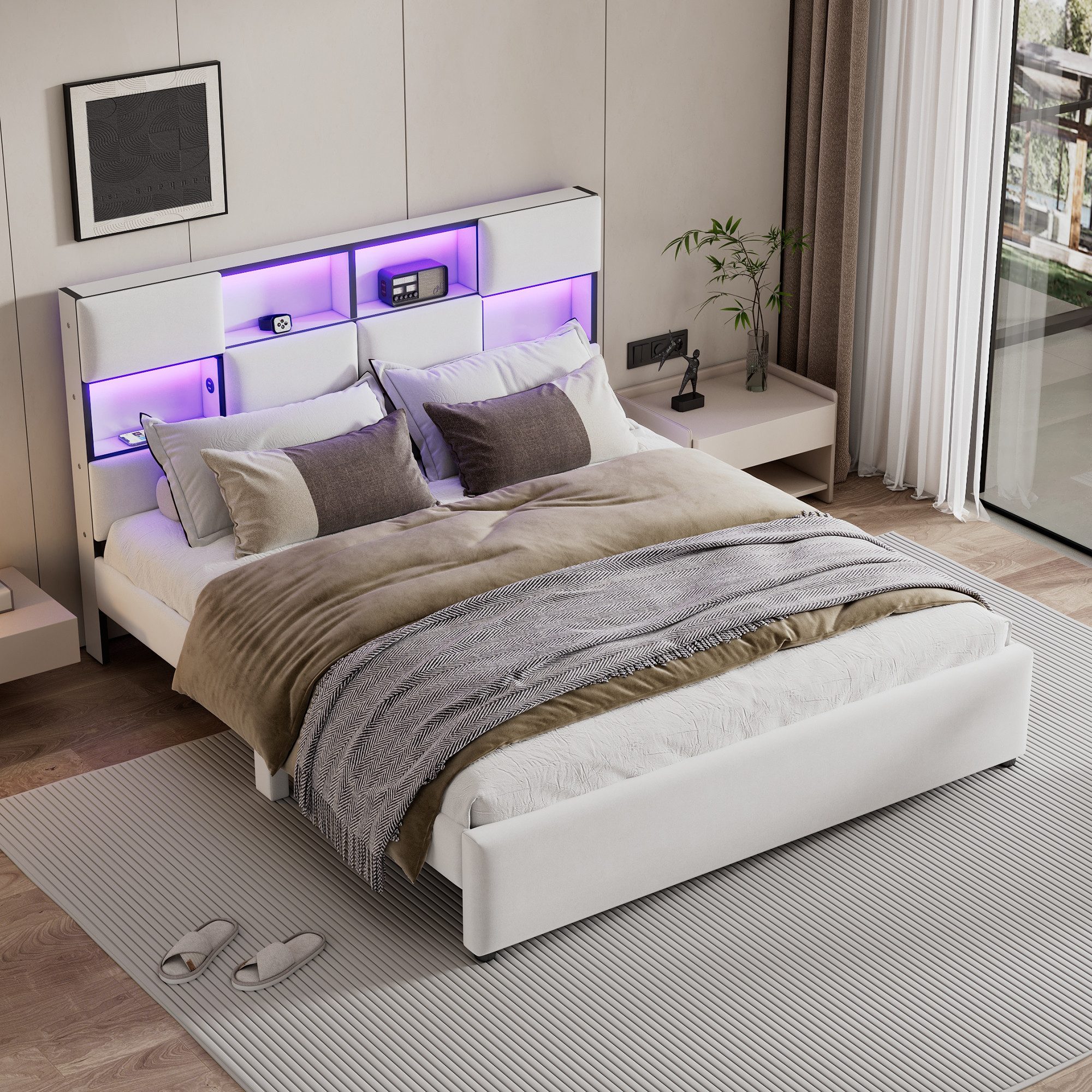 WISHDOR Polsterbett Hausbett, verstellbares Umgebungslicht (mehrere Ablagefächer an der Seite des Bettes, USB-Anschluss, 160*200cm), ohne Matratze