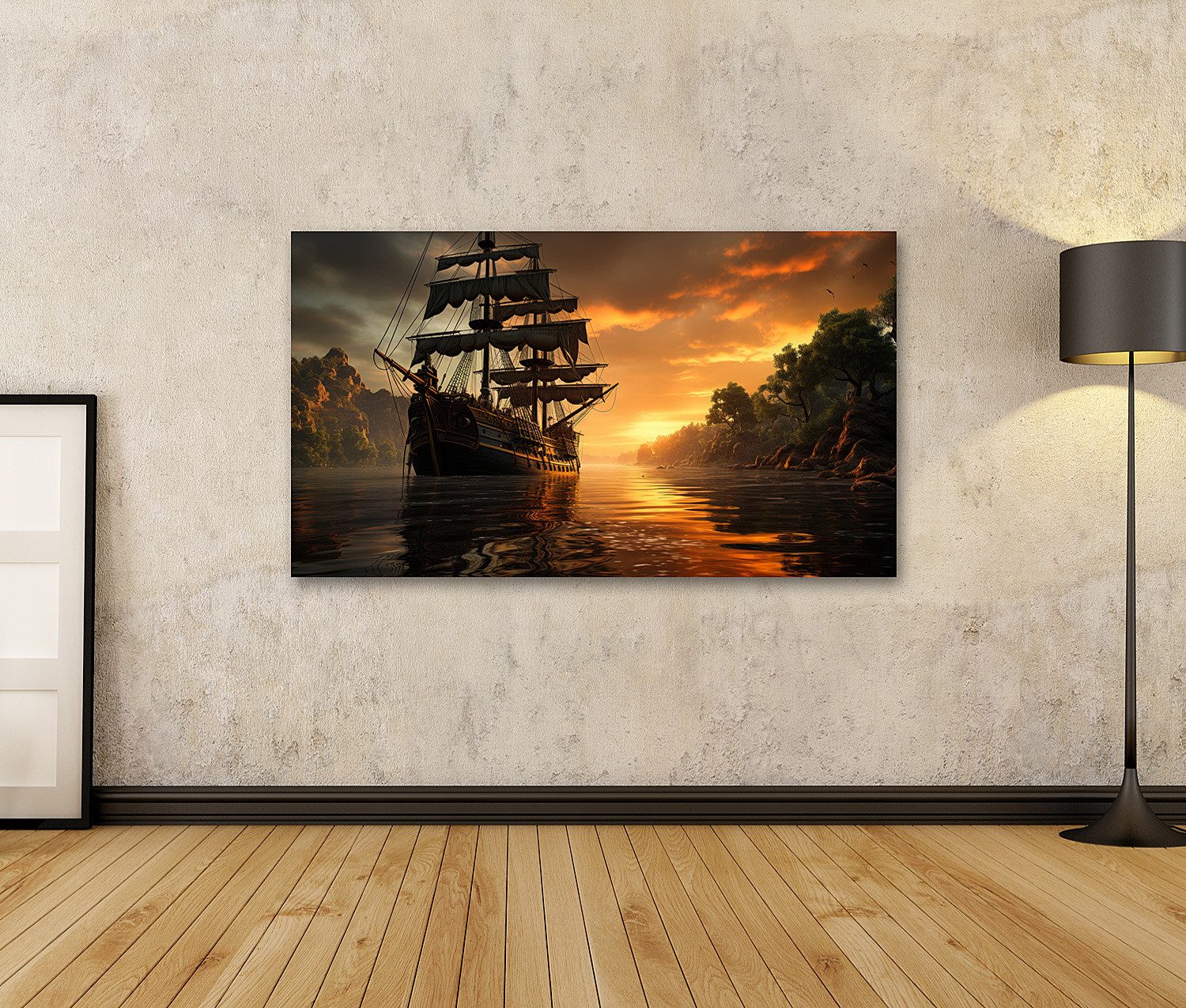 islandburner Leinwandbild, Segelschiff bei Sonnenuntergang in der Bucht günstig online kaufen