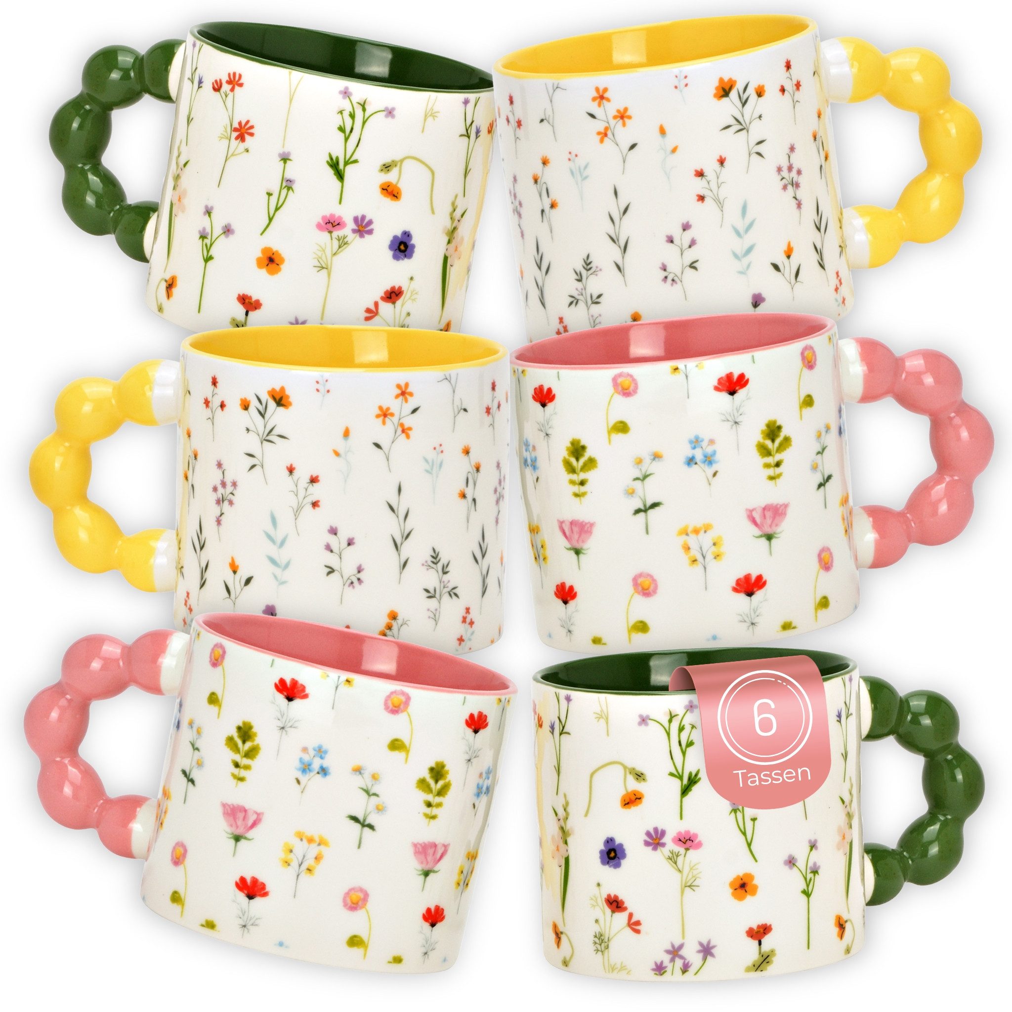matches21 HOME & HOBBY Tasse Kaffeetassen 6er Set mit Blumen Dekor, 360 ml Porzellanbecher, 6-tlg., Porzellan, Moderne Dopamine Designertasse in Pastellfarben