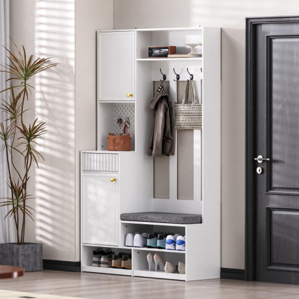 BBWL Garderobenschrank Garderobenset mit Sitzbank und Stauraum – Flurgarderobe mit 4 Haken Türen, Schubladen & Lochwand, MDF, 100x180x35 cm
