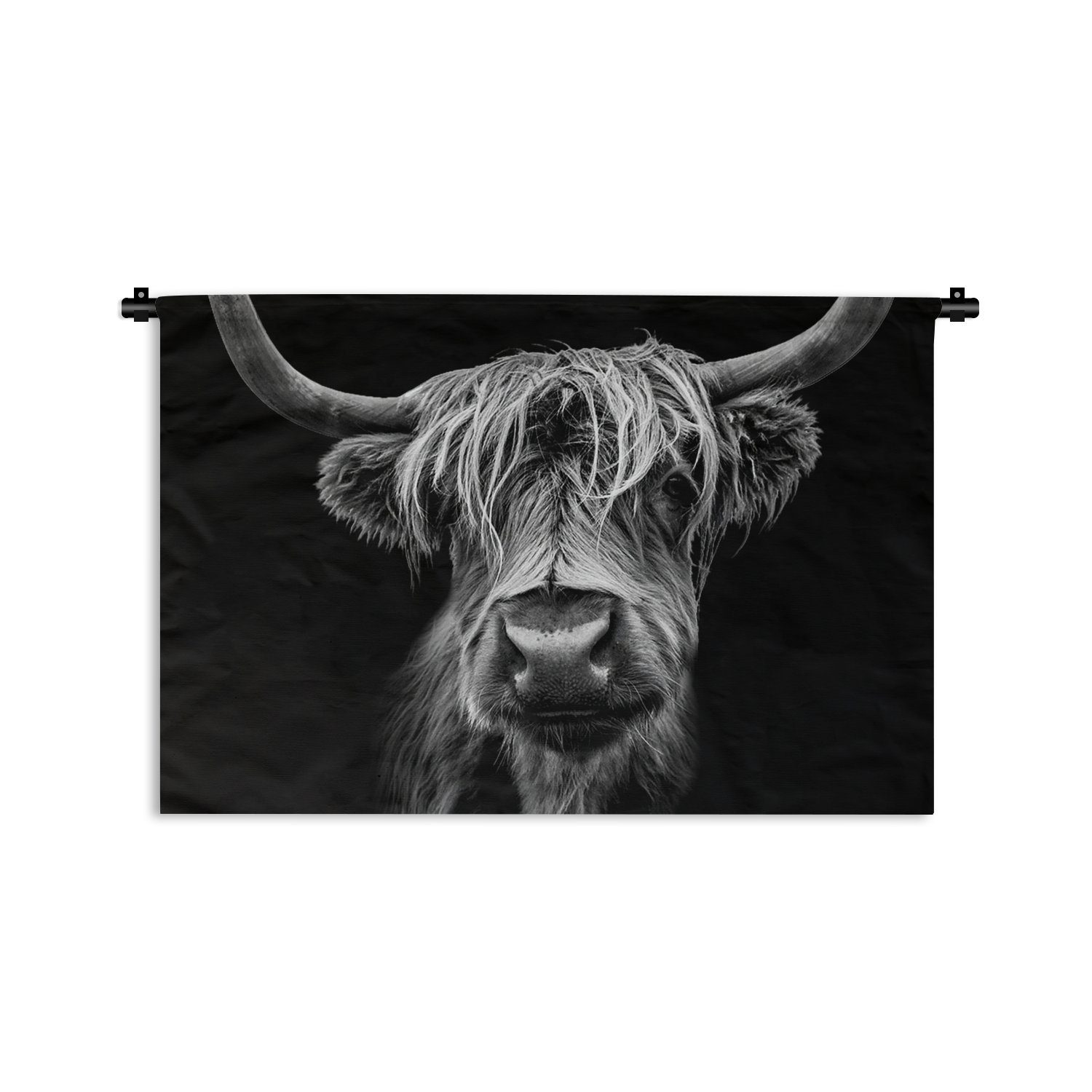 MuchoWow Wanddekoobjekt Kuh - Wandbehang, Hörner Schwarz Weiß Wohnzimmer, für Schlafzimmer, - - - Tiere, - Wanddeko Kinderzimmer Schottischer Highlander Kleid, Wild 
