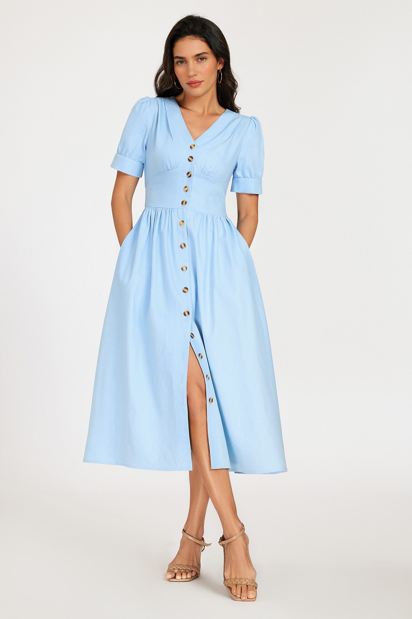 FS Collection Midikleid Damen Midikleid Sommerkleid Jeanskleid mit Knopfleiste Kurzarm (XS (EU:36 / UK:8) · S (EU:38 / UK:10) · M (EU:40 / UK:12) · L (EU:42 / UK:14) · XL (EU:44 / UK:16) Knopfleiste, Puffärmel, elastische Taille hinten