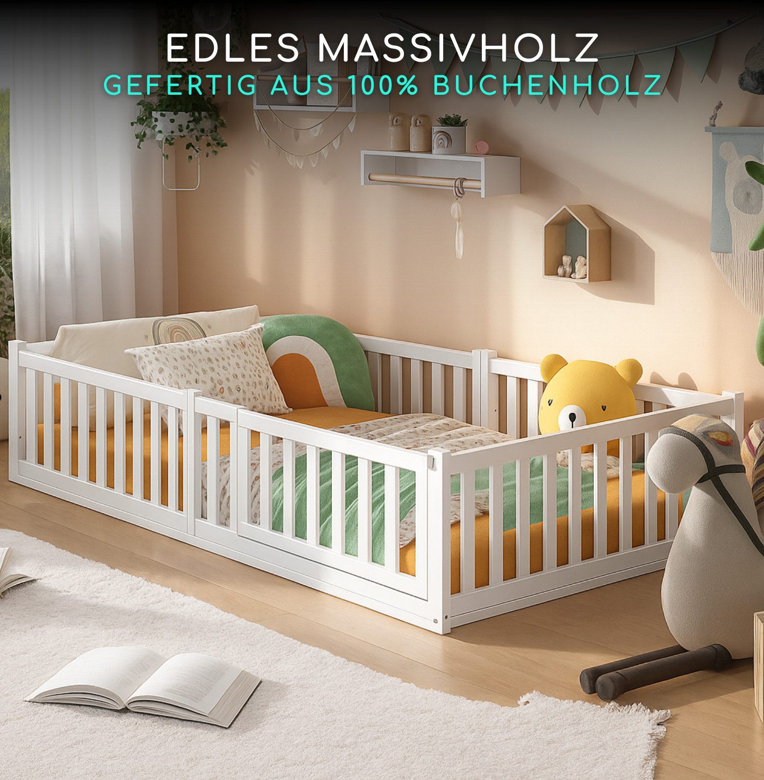 Alavya Home® Kinderbett Bodenbett "TITAN" mit Tür aus Buche FSC® 100% zerti günstig online kaufen