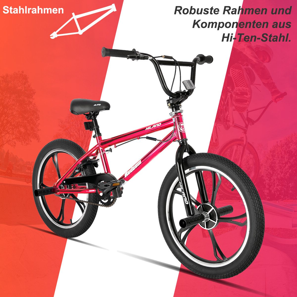 HILAND BMX-Rad 20" BMX Freestyle Fahrrad mit Stahlrahmen & 360° Rotor, 360 Degree Rotor Freestyle, 4 Pegs Single Speed