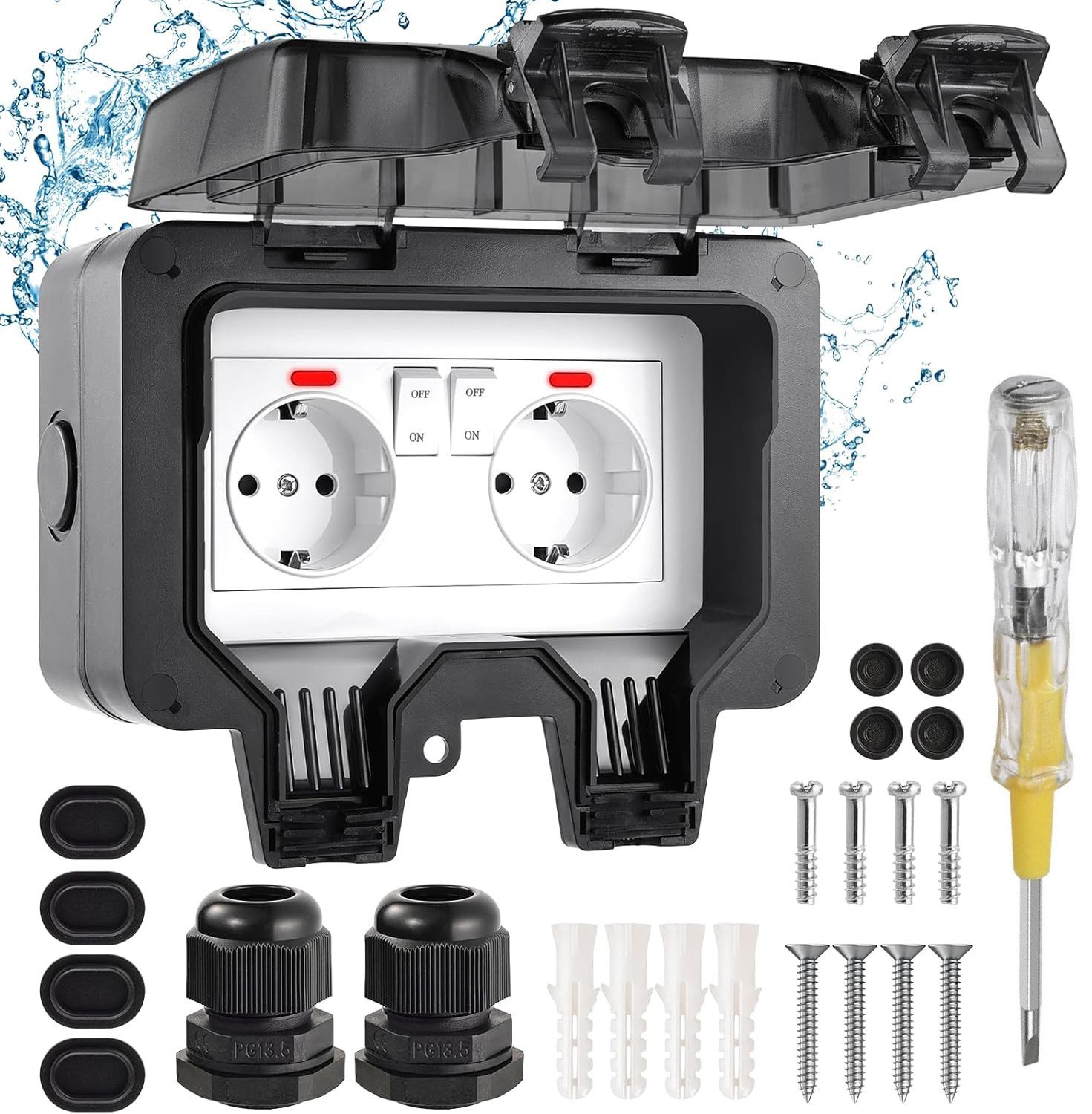 AKKEE Gartensteckdose Außensteckdose Steckdose Garten IP66 Wasserdicht mit Schutzkappe, Für Garten, Garage, Küche, Badezimmer