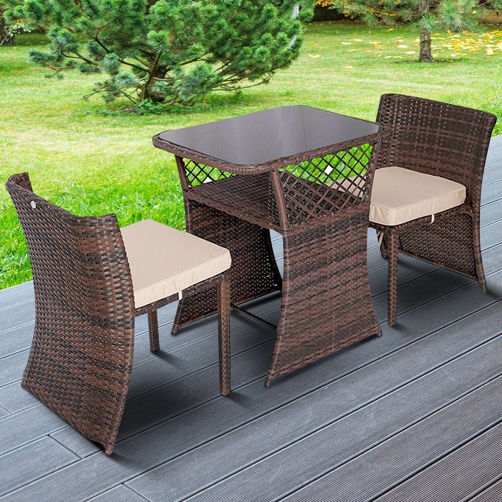 Mucola Garten-Essgruppe Sitzgarnitur Polyrattan Stühle Tisch Lounge Outdoor  Balkon Terrasse, (Stück, 3-tlg), Pulverbeschichtung