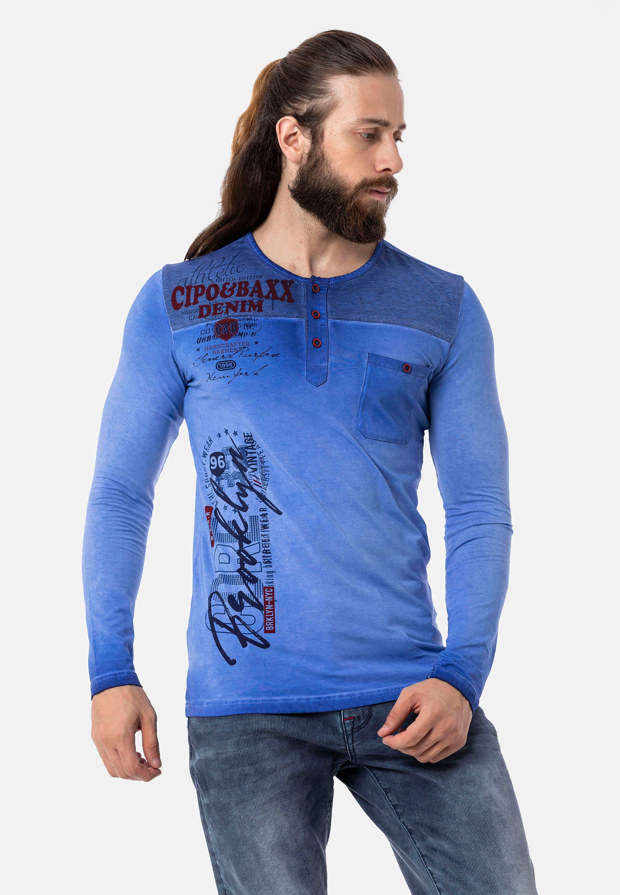 Cipo & Baxx Langarmshirt mit stylischen Prints blau | Rundhalsshirts