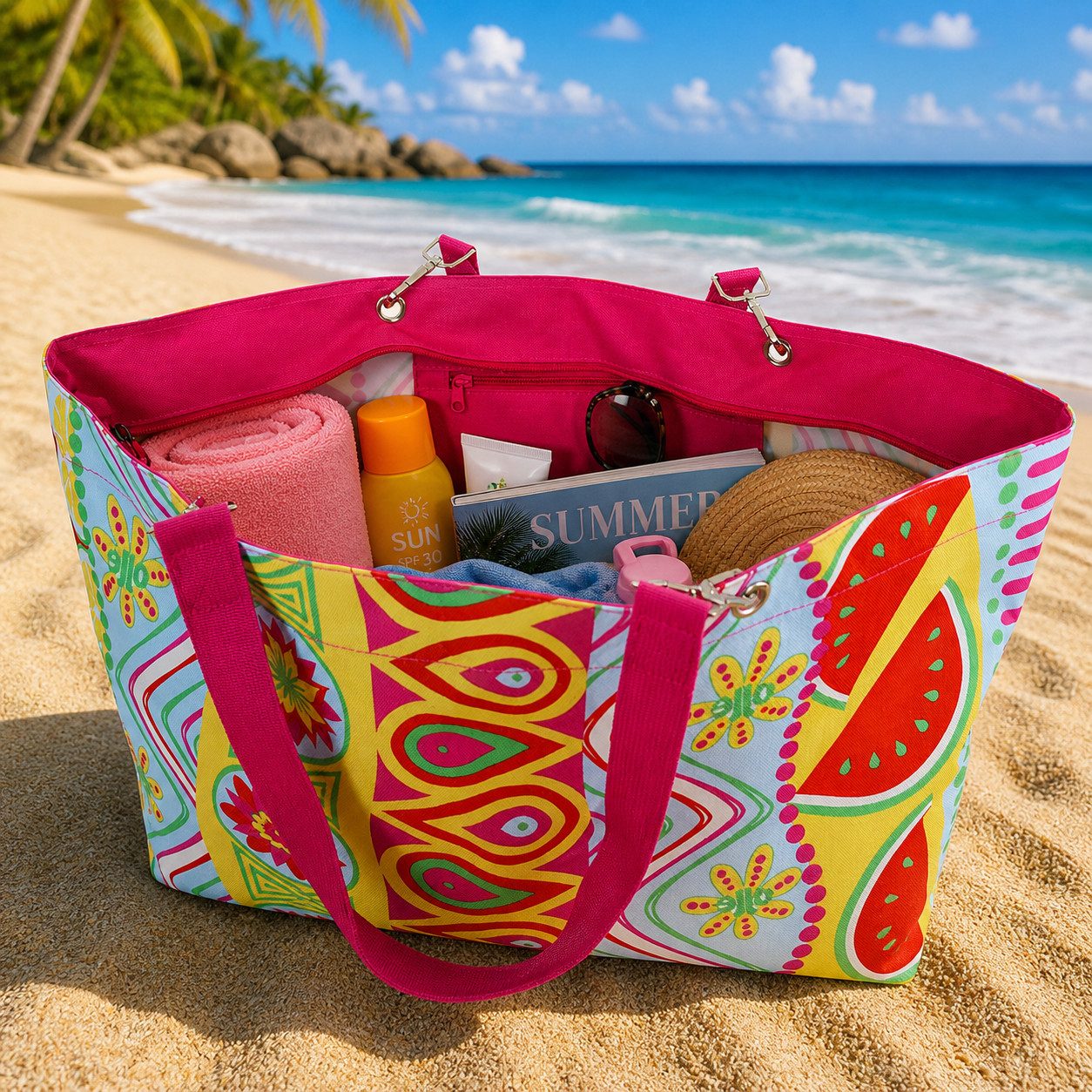 J JONES JENNIFER JONES Strandtasche - Große Badetasche, Freizeittasche mit Reißverschluss, Saunatasche, abnehmbare Schulterriemen – Bild 4 von 5