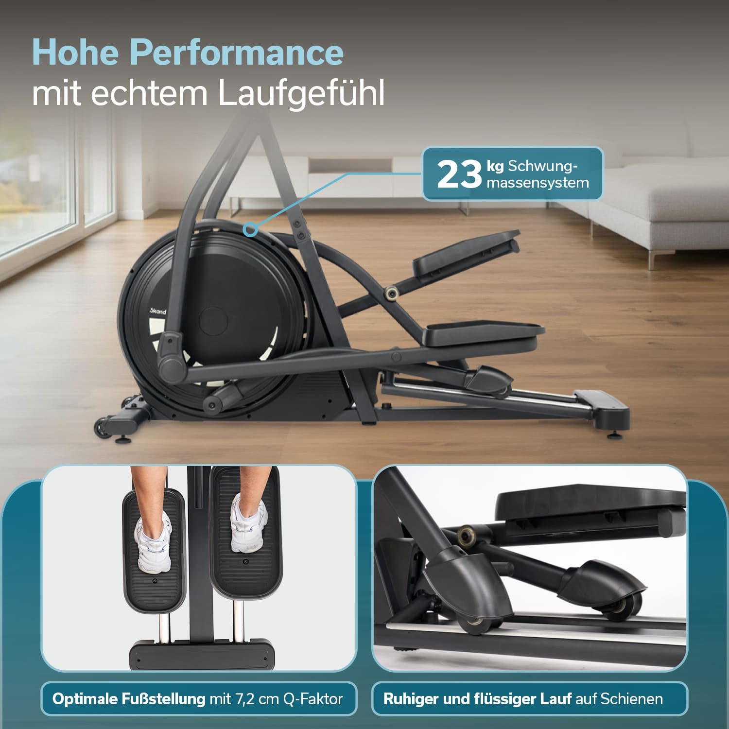 Skandika Crosstrainer für Zuhause Carbon P23-S, Ellipsentrainer, Steigungsfunktion (Kinomap App kompatibel, bis 135 kg, Transportrollen, Tablet-Halterung), Rahmen aus Eisen, 32 Stufen, 22 Programme, Magnetbremse, Bluetooth