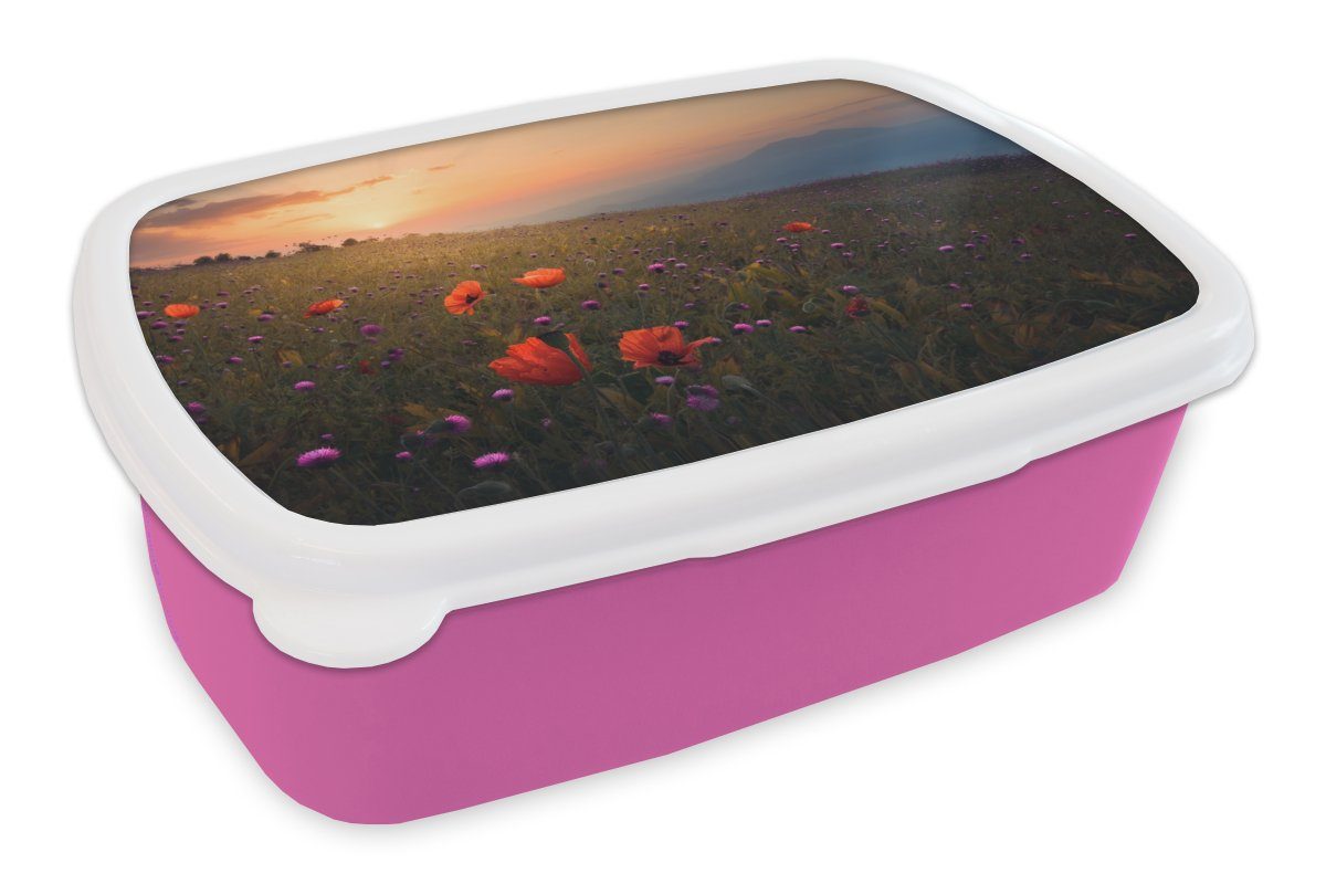 Sonnenuntergang Orange, Brotdose (2-tlg), Kunststoff - für Pflanzen Snackbox, Brotbox Blumenfeld MuchoWow Erwachsene, Mädchen, Gras - - rosa - Blumen Kunststoff, Kinder, - Lunchbox