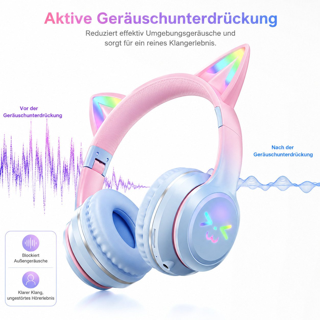 ibettertec Over-Ear-Kopfhörer Bluetooth 5.3 LED Katzenohren Faltbares Design Bluetooth-Kopfhörer (Katzenohr-Headset für Mädchen, kompatibel mit Tablet/Computer/ – Bild 5 von 5