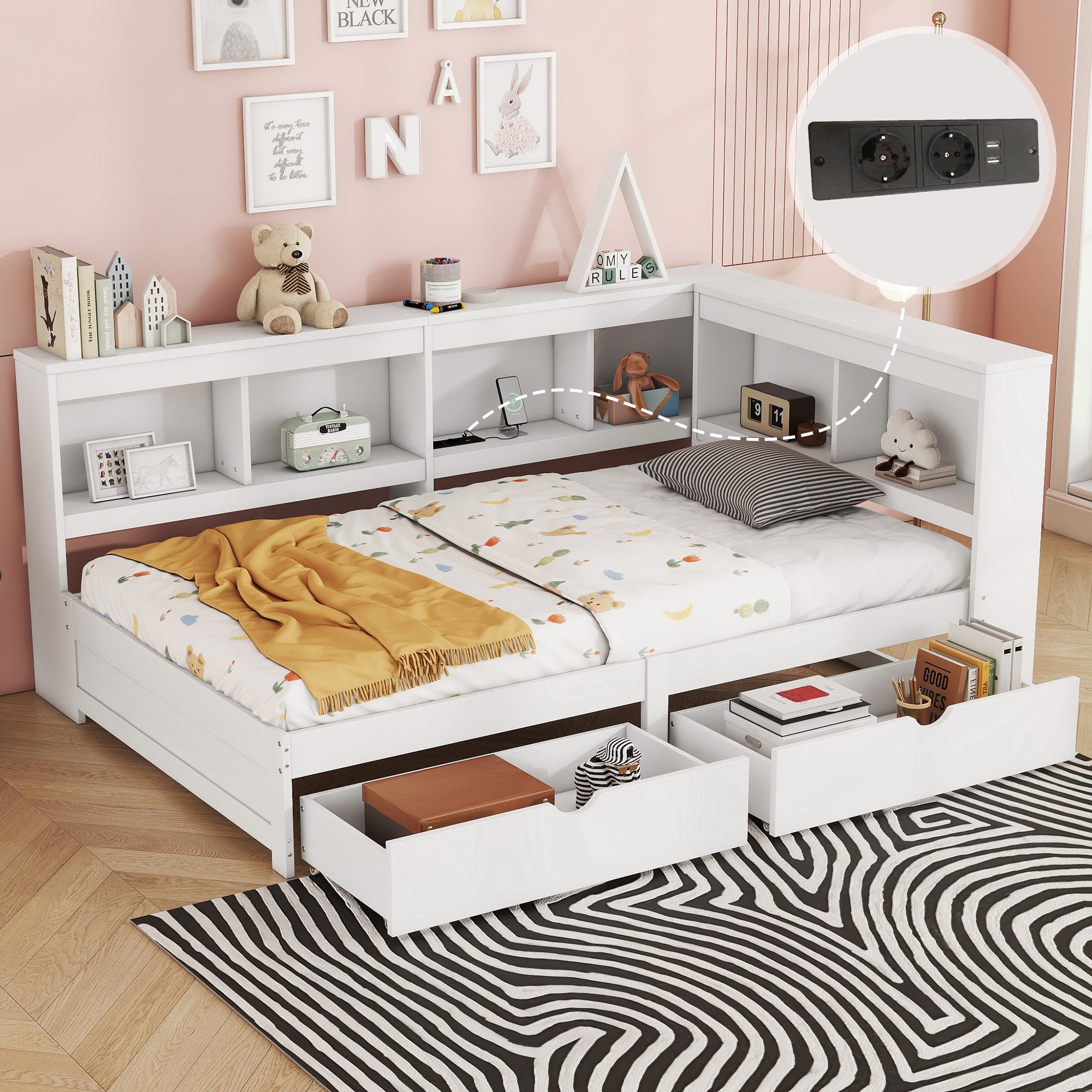 Flieks Kinderbett, Kinderbett 90x200cm mit 2 Schubladen, Ablagefächer und L günstig online kaufen