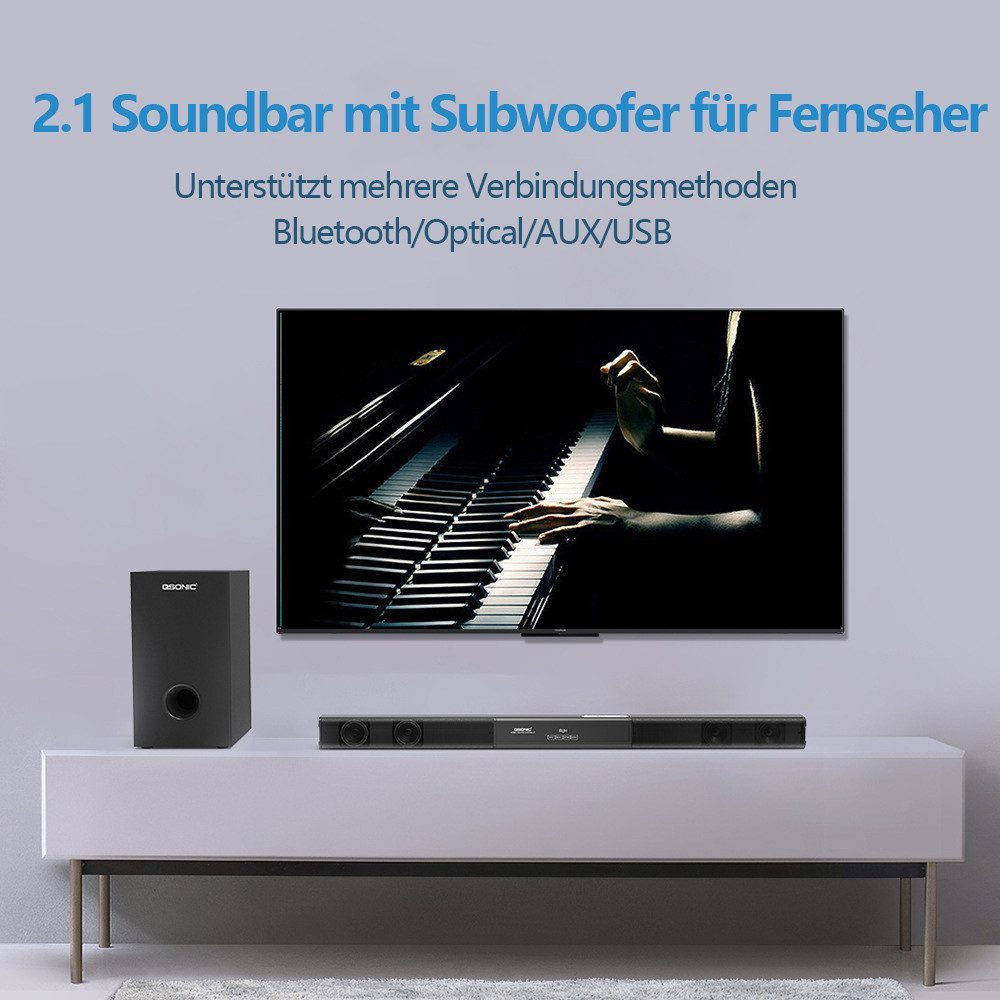 wohnTRAUM24 für TV Geräte, Soundbar mit Subwoofer für Fernseher 2.1 Soundbar Soundbar 2.1 (Bluetooth/HDMI/AUX/Optisch/USB, 60 W, Fernbedienung und Wandmontage-K – Bild 4 von 5