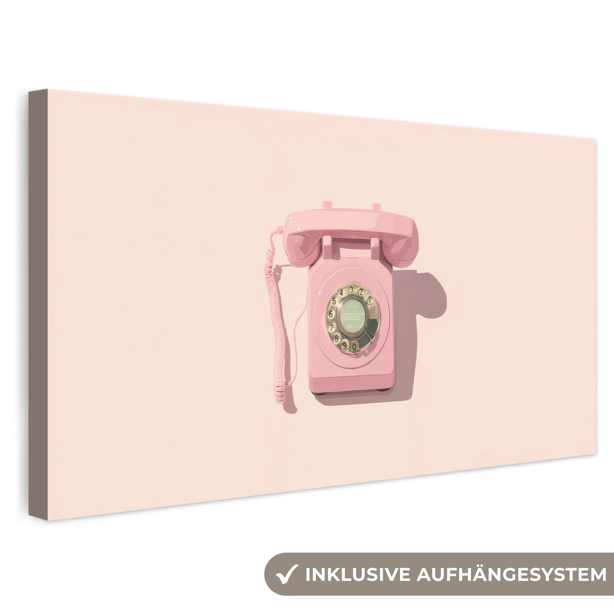 OneMillionCanvasses® Leinwandbild Panorama Drehbares Telefon - Retro - Rosa, Fotodruck (1 St), Wandbild, Deko Schlafzimmer Wohnzimmer Flur 40x20 cm