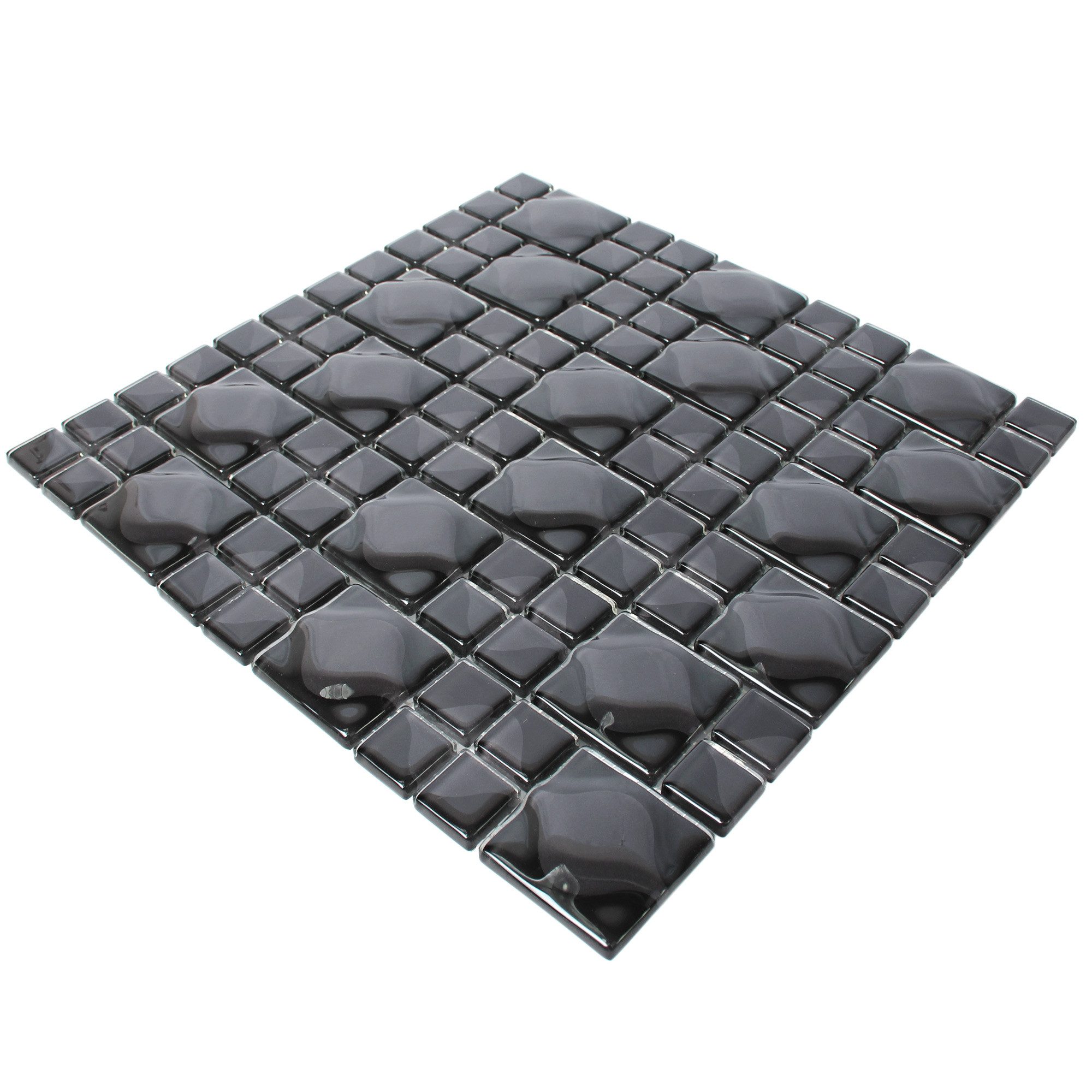 Mosafil Mosaikfliesen Glasmosaik Fliesen Nokta 3D, Glas 30.000x30.000, schwarz, Verlegefertig auf ein Netz geklebt - Frostsicher - Wasserfest
