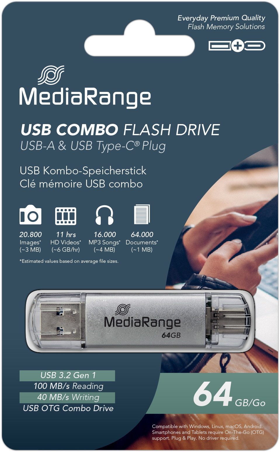 Mediarange USB Stick 64GB Speicherstick Combo silber USB 3.2 Gen 1 USB-A / USB-C USB-Stick