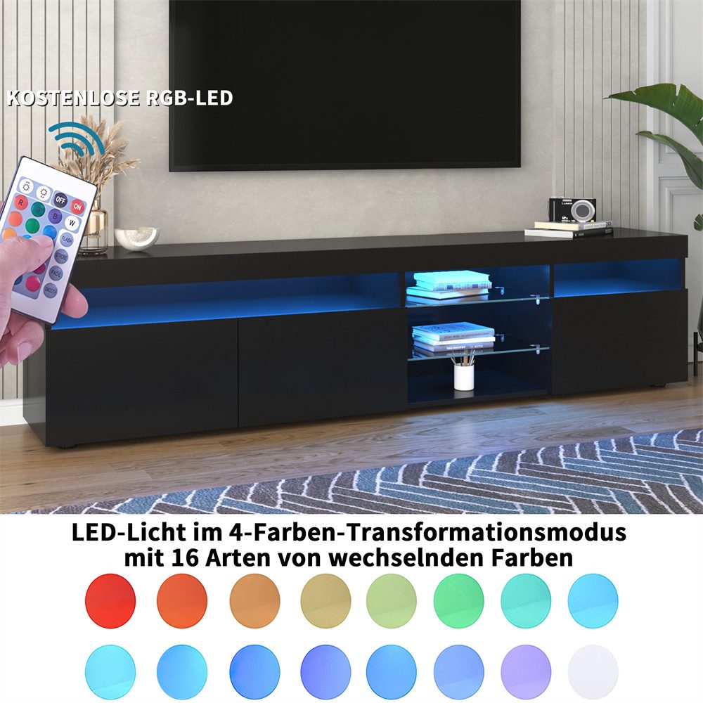 XDOVET TV-Schrank Moderner 180cm TV-Schrank Glaseingelegtes Helles Panel 16 Variable LED-Beleuchtung, Wohn- und Esszimmer