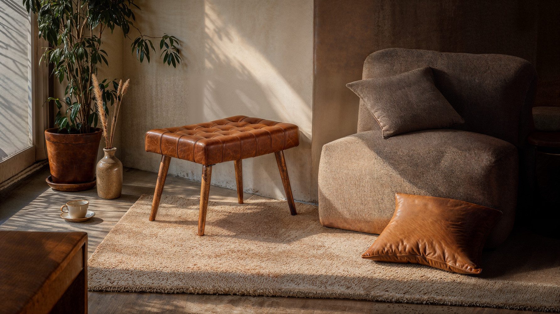 KADIMA DESIGN Sitzhocker Stilvoller Chesterfield-Lederhocker, Holzbeine günstig online kaufen