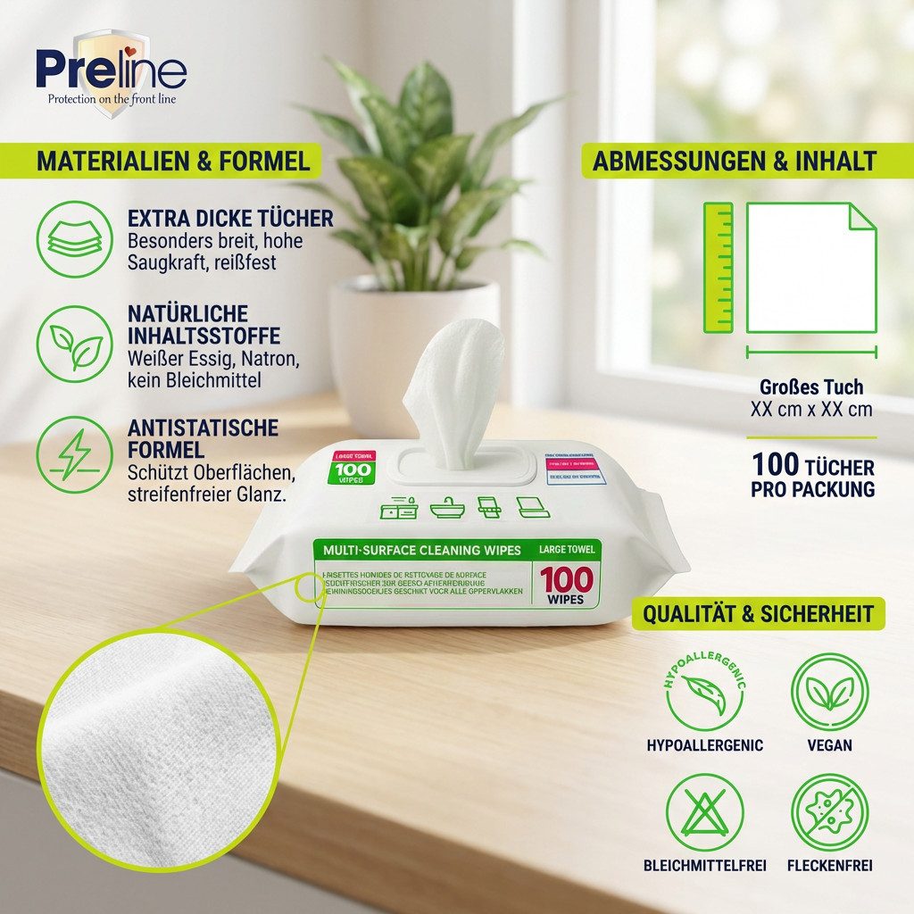 Preline Allzwecktücher - Feuchte Reinigungstücher für alle Oberflächen Reinigungstücher (1-tlg., SLS/SLES/Bleichmittel-frei, Für Küche Bad Elektronik Fenster 100Stück)