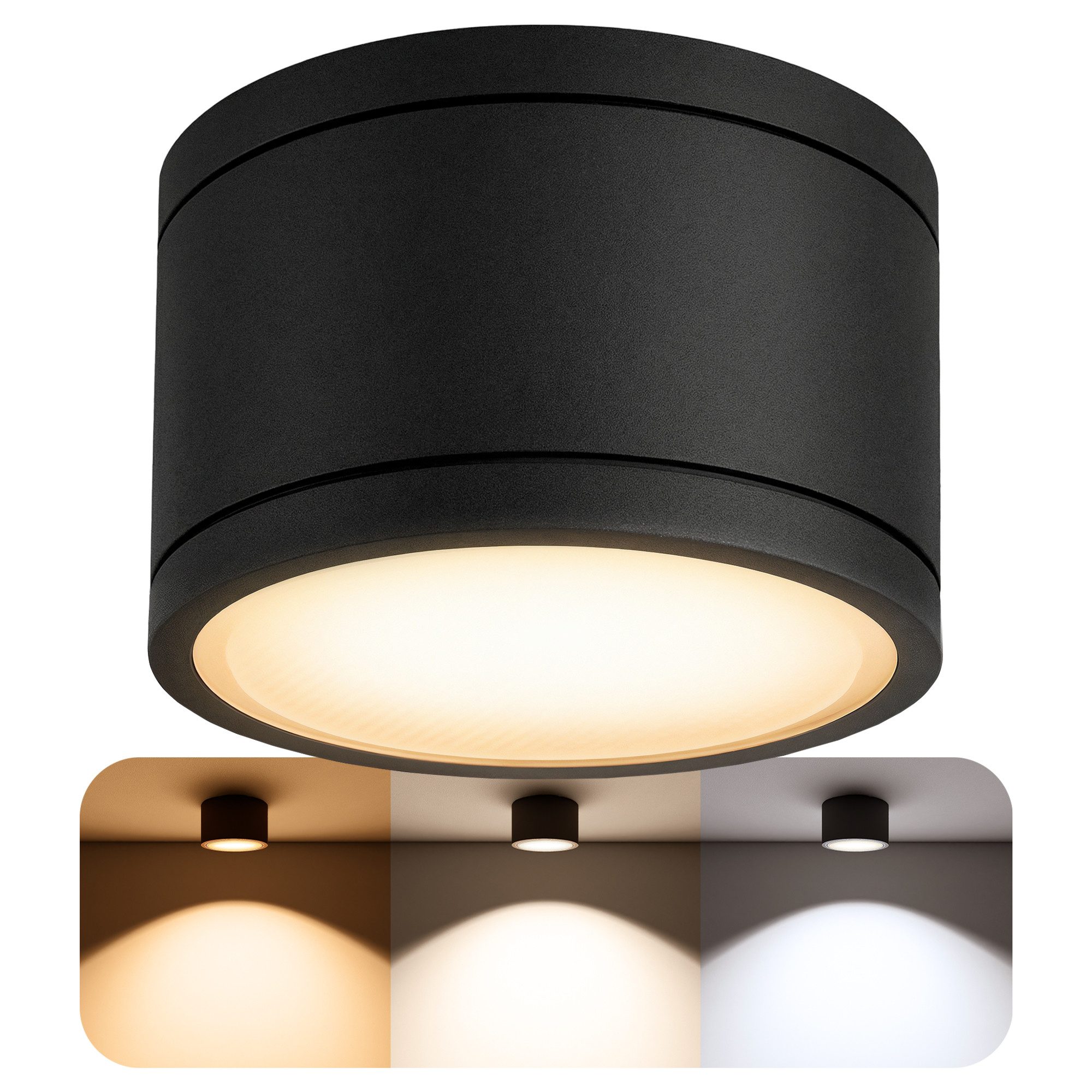 SSC-LUXon LED Außen-Deckenleuchte CELI-WX LED Aufbauspot schwarz IP44 flach 3 Lichtfarben 230V Spot, Neutralweiß, Warmweiß, Tageslichtweiß
