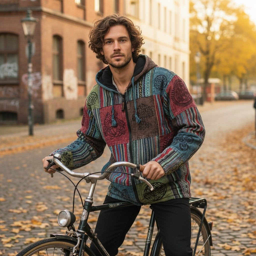Guru-Shop Strickjacke Goa Jacke, Patchwork Sweatshirt Jacke - blau/bunt Hippie, Ethno Style, alternative Bekleidung