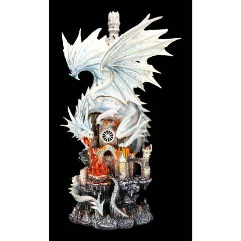 Figuren Shop GmbH Fantasy-Figur Weiße Drachen Figur groß - Attackiert Burg - Fantasy Dekoration