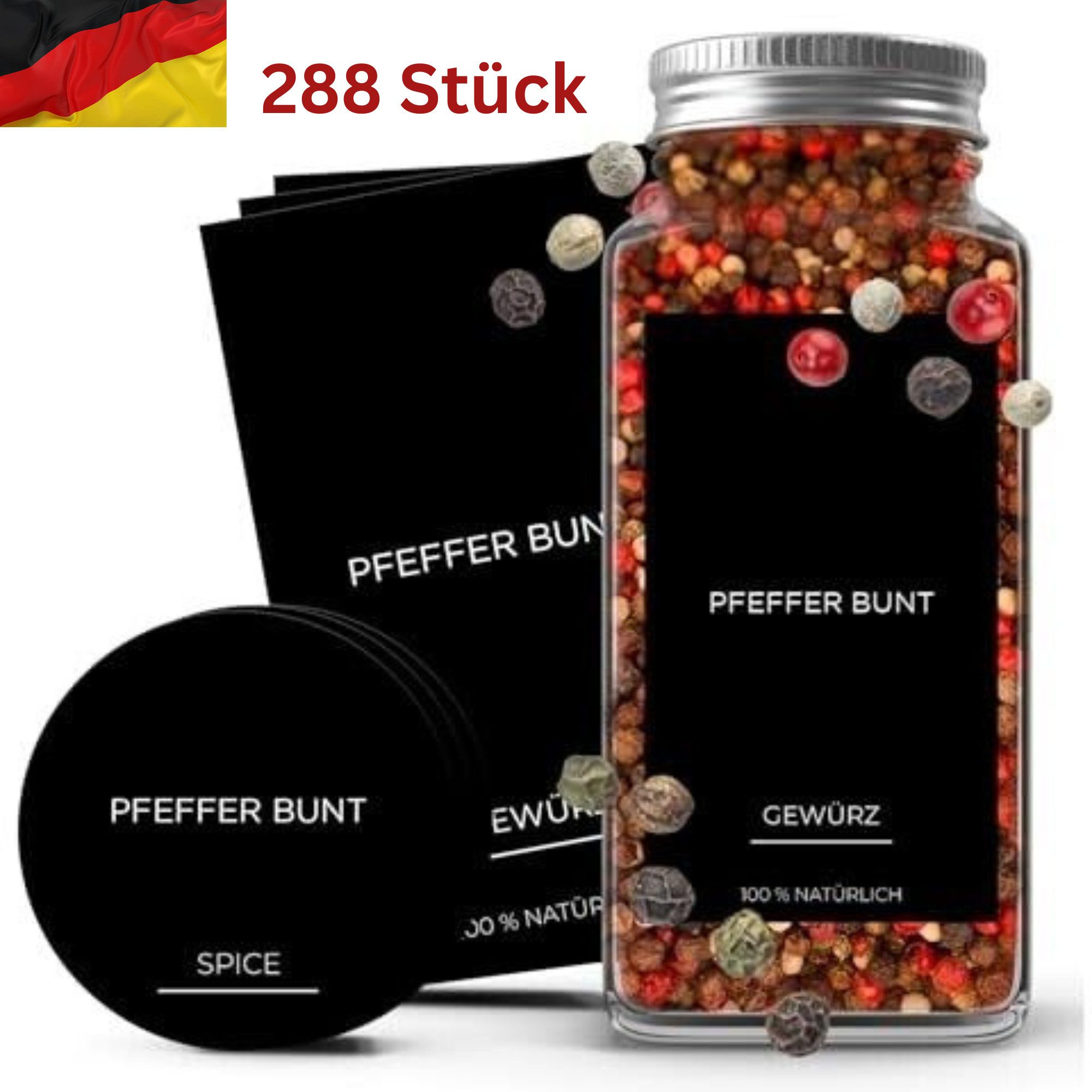 Montegoni Etiketten 288 Stück Gewürzetiketten selbstklebend, Gewürzaufkleber, Wasserfest Vorratsetiketten (Schwarz) Gewürzgläser Etiketten