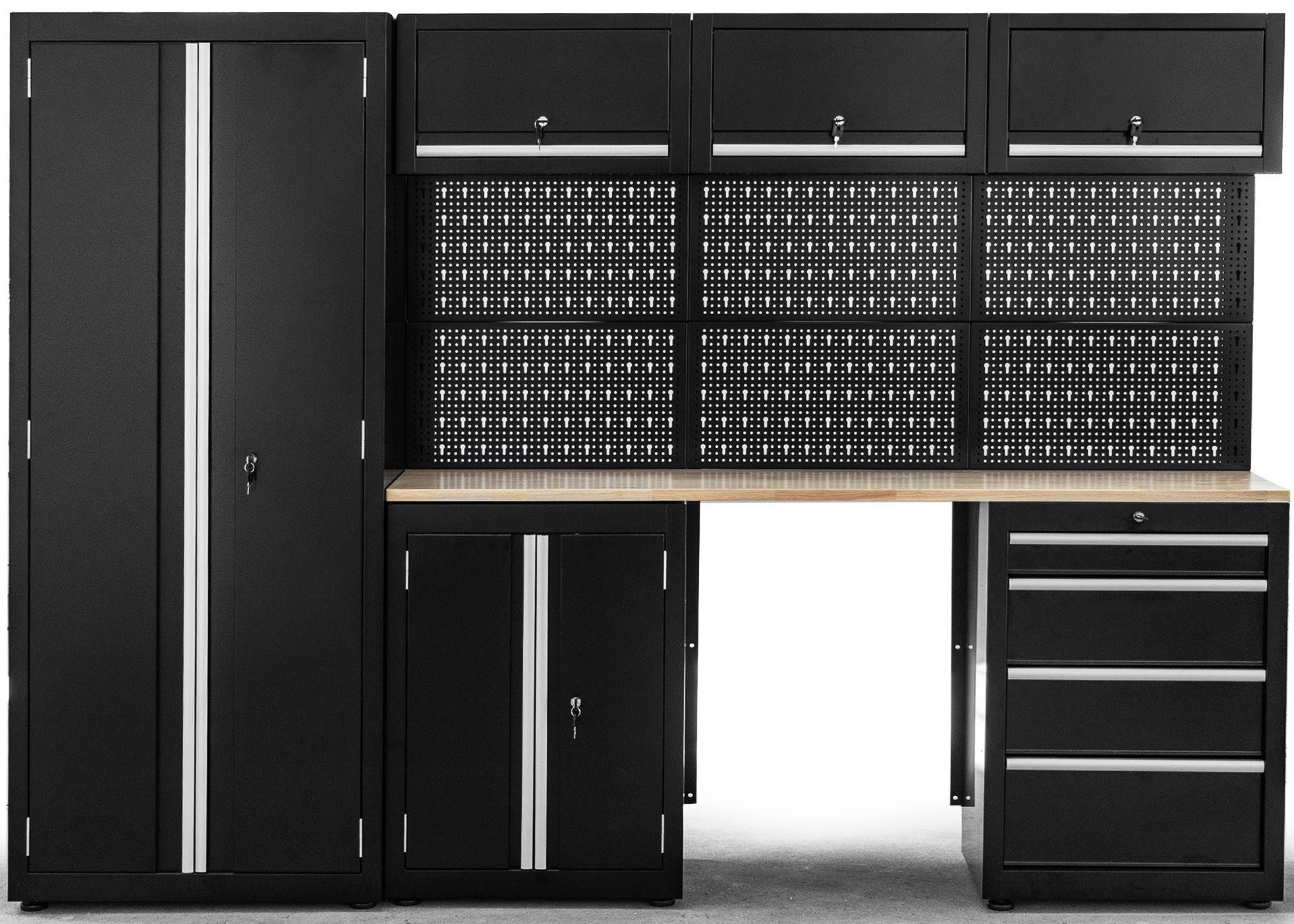 ONDIS24 Werkstatt-Set Männerküche 260cm, Schwarz, (8-tlg), teilvormontiert, viel Stauraum, robuste Fläche, Stahl, frei stellbar