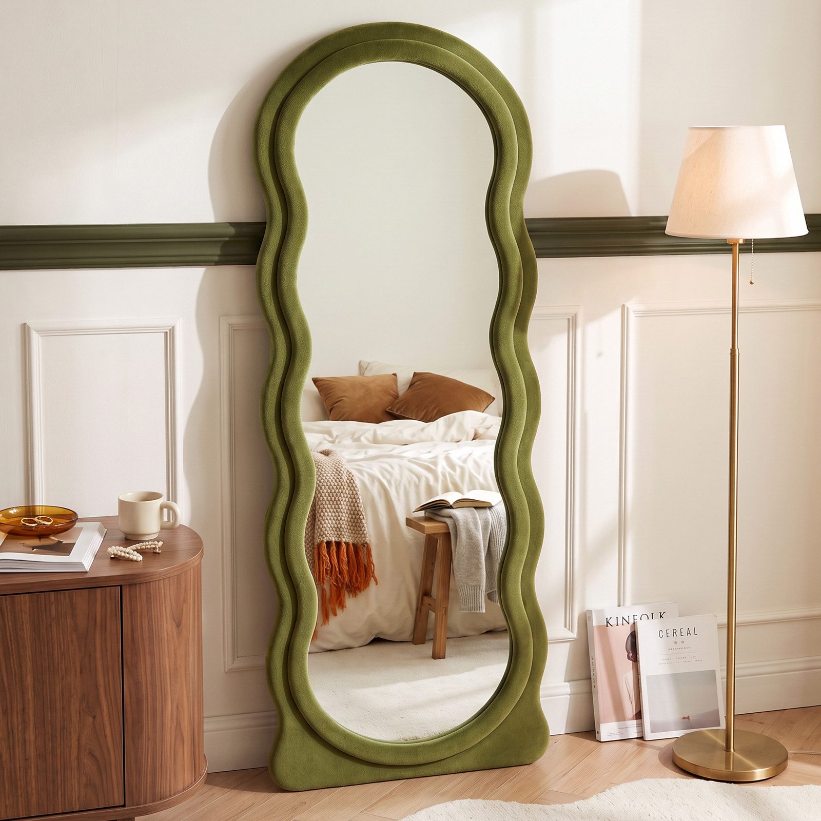 LUNAMIRROR Ganzkörperspiegel im gewellte Form, Samtbezug, Holzrahmen (1-St), stehend & hängend, 160x60 cm, Weiß/Beige/Grün/Rosa
