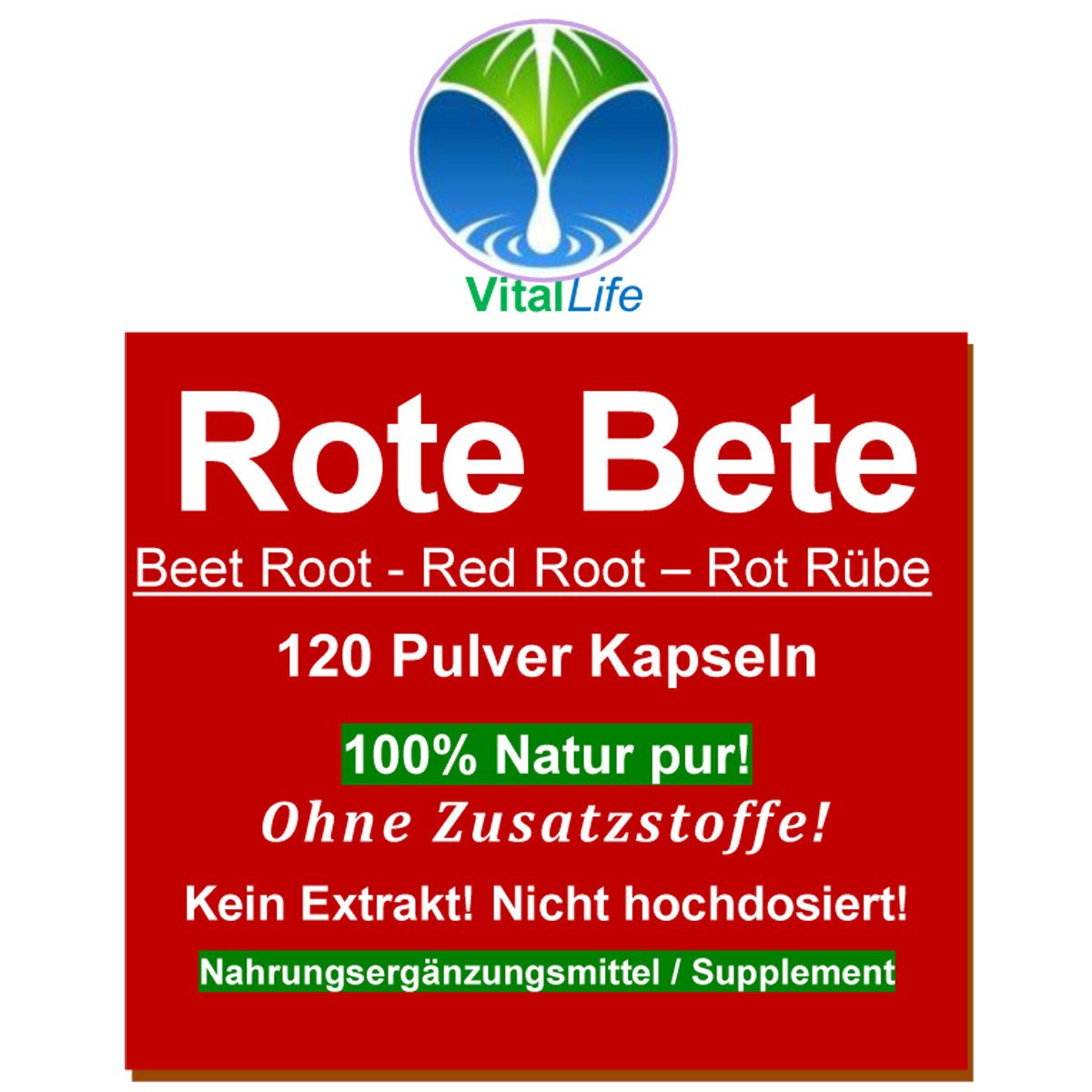 VitalLife Rote Beete rote Bete reines Wurzel-Pulver. NATUR Pur OHNE Zusatzstoffe Kapseln, 1 er Dose à 120 St., 70 g, Art. 26315