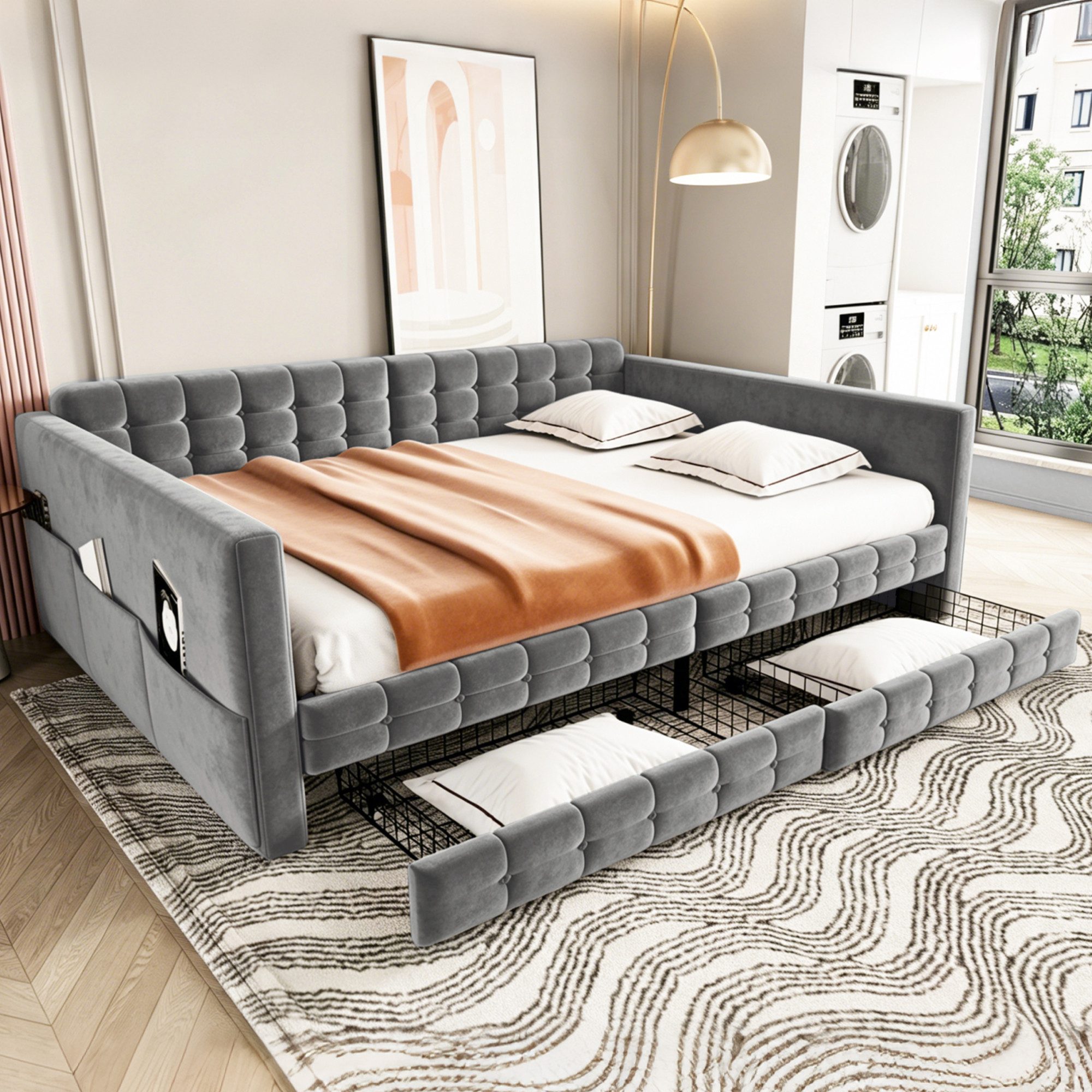 Flieks Daybett, Polsterbett Schlafsofa Kinderbett 140x190cm mit Stautasche Schubladen