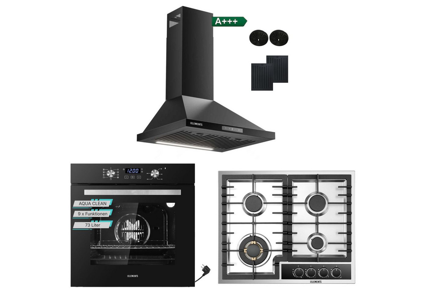 KB Elements Backofen-Set Einbaubackofen 60 cm mit Gaskochfeld 4 Flammig, Steam Clean, Air Fry, Steam Clean, 8 kW Gaskochfeld, Edelstahl 304