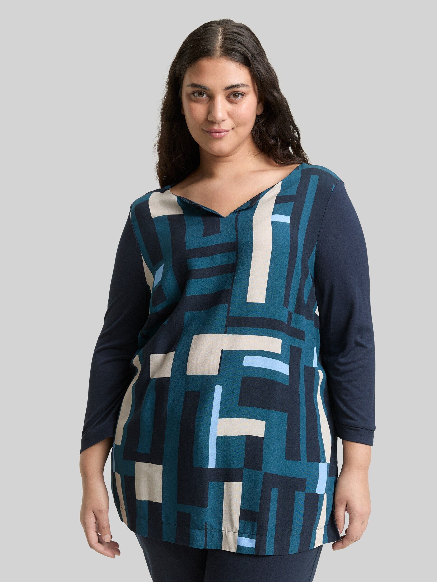 TOM TAILOR PLUS 3/4-Arm-Shirt T-Shirt Plus Size - Langarmshirt im Material-Mix